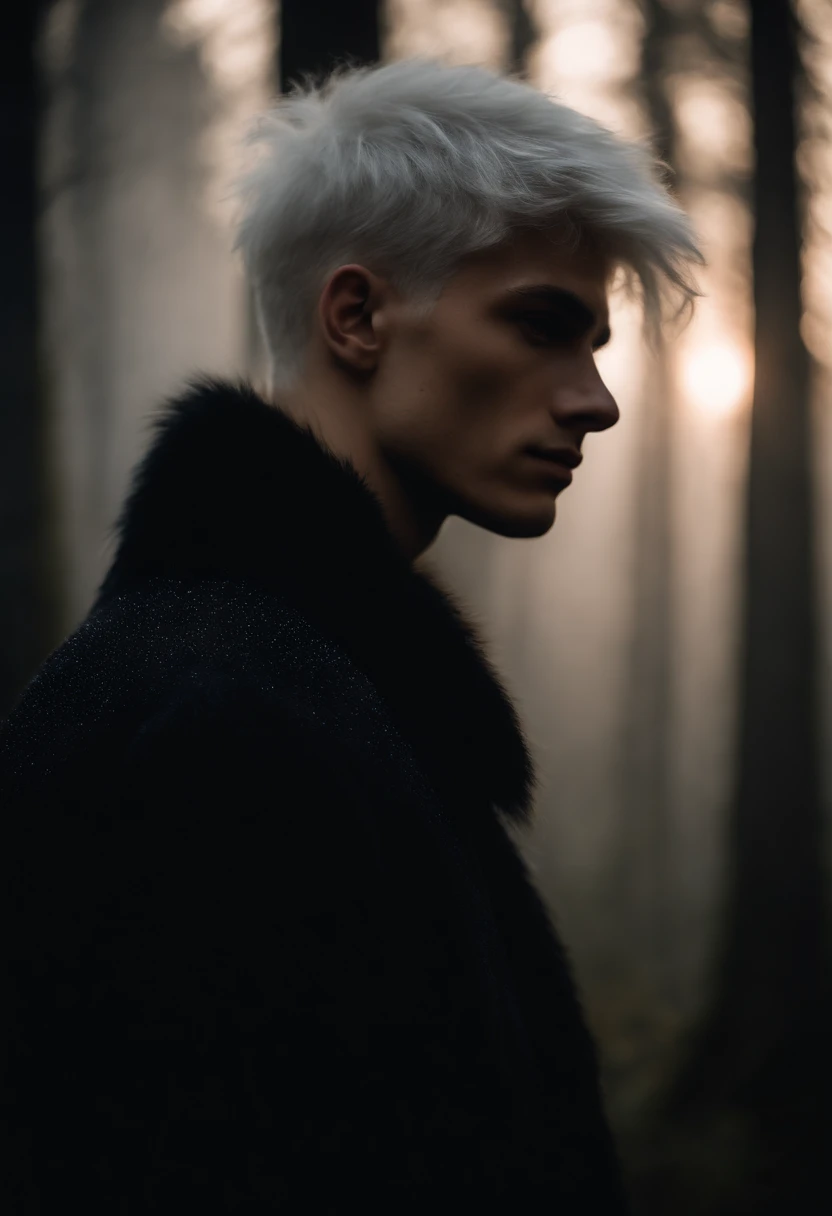 Young man, 20 years old, white hair, two block haircut , shirtless wearing a black fur coat, standing in the forest at night, portrait, magical light, surrounded by fog