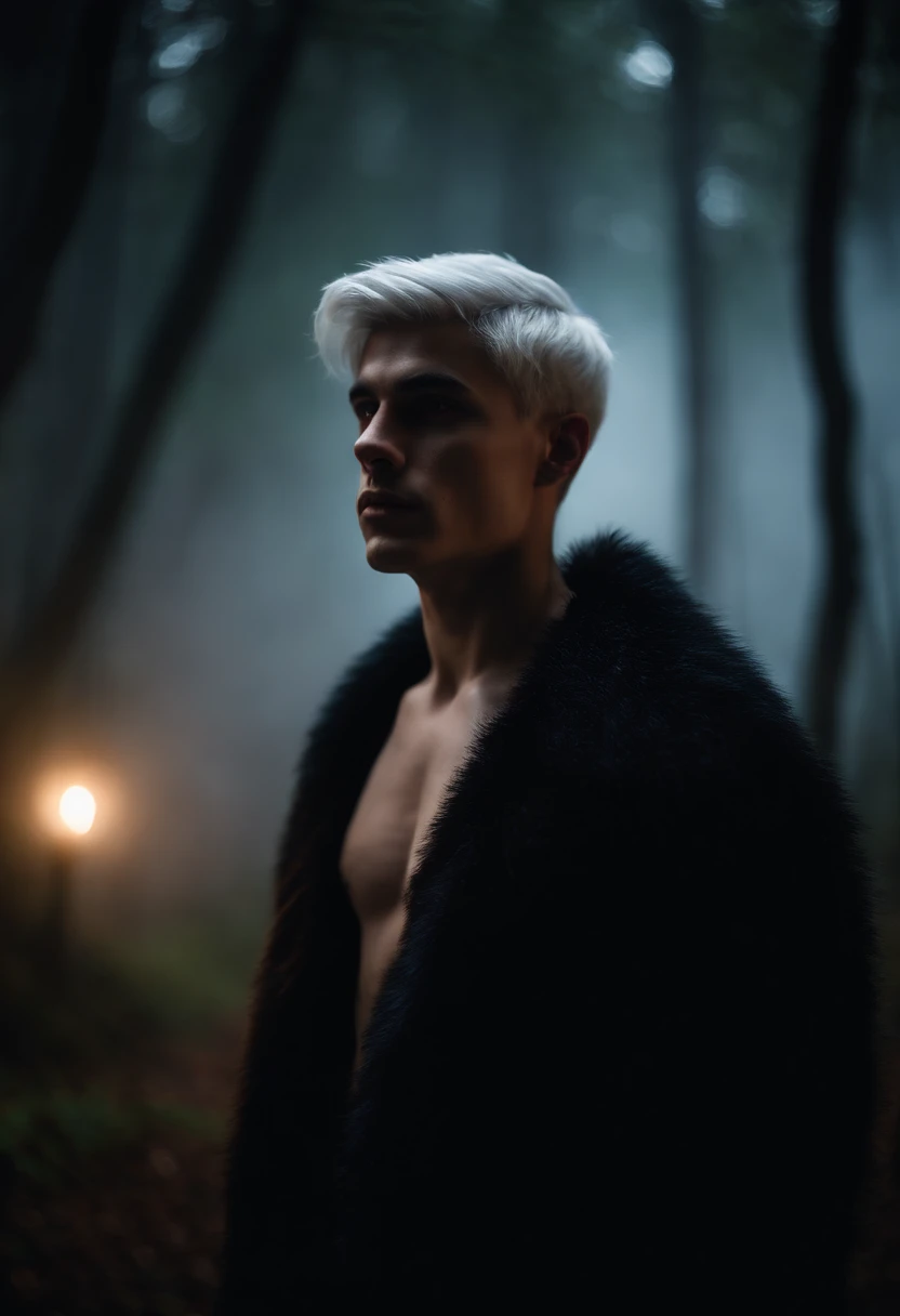 Young man, 20 years old, white hair, two block haircut , shirtless wearing a black fur coat, standing in the forest at night, portrait, magical light, surrounded by fog