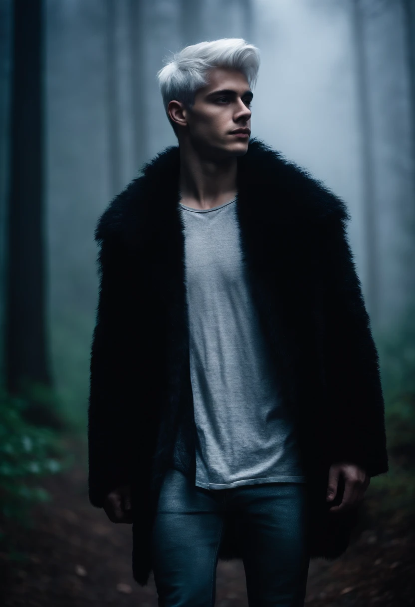 Young man, 20 years old, white hair, two block haircut , shirtless wearing a black fur coat, standing in the forest at night, portrait, magical light, surrounded by fog