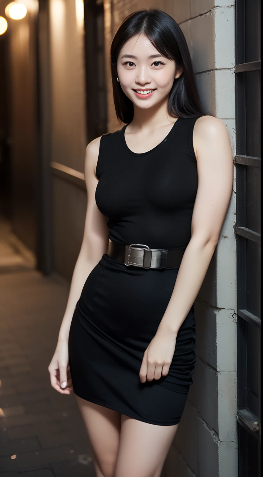 masterpiece,stunning realistic,best quality,sharpness,sharp face,smil，Rot im Gesicht sein，Photo of the upper body
black long hair，purple eyes,big ,tanktop,cargopants with many pockets,black cloak,silver necklace,silver chain,black gloves