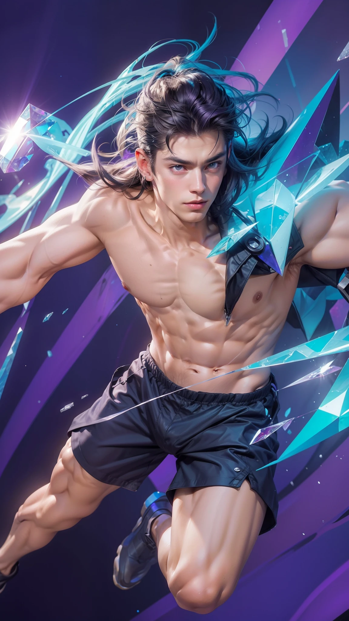 (max resolution: 1.2), (Ultra HDTV: 1.2), 8K resolution, Eye and skin details, face details, , (Sharp focus: 1.2), (Precise focus) sharp face: 1.2), (((Boy))), Standing, Long hair, Purple hair, Shirtless, Exposed pecs, Six pack abs, black briefs, Sci-fi, Crystal on shoulder, Crystals, Gems , Light, Smoke