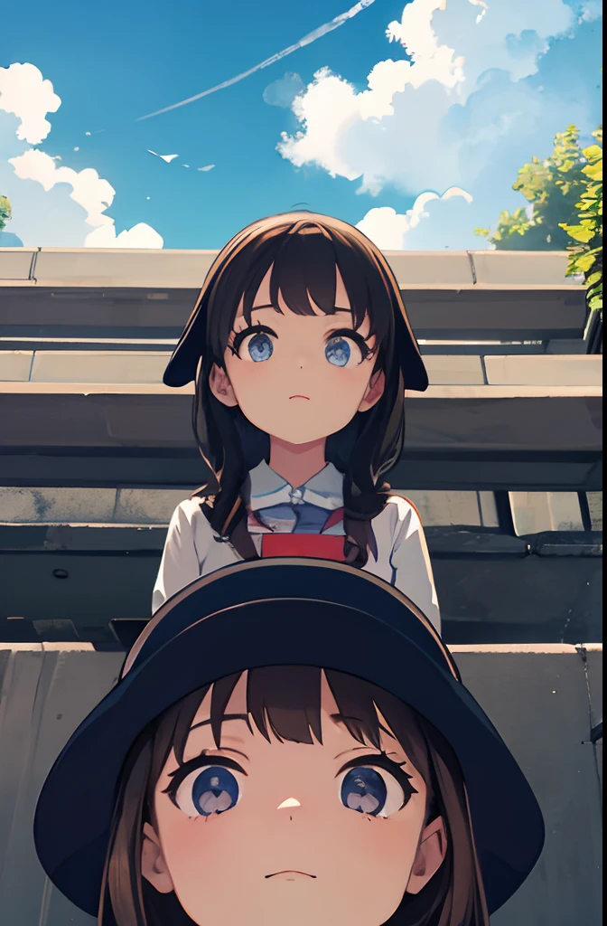 Seen from below, seen from below, Girl, sky, girl looking down, girl looking at the floor,