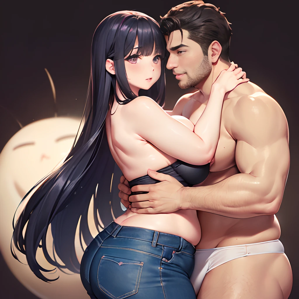 NSFW、 high-level image quality、bbw、 plump curves、Soft and round、 Adorable appearance、 sweet temperament、
(((Man A hugs Woman A from the front)))、((Man A is taller than Woman A))、
Female A(A dark-haired、bob cuts、Red Eyes、18year old、Short stature、bbw、Plump、 plump curves、Soft and round、 Adorable appearance、 sweet temperament、large full breasts)、 ((Blushing face))、Strapless Bras、Full Back Pants、
男A(A dark-haired、asian human、35 year old、skinny、shorth hair、Blue eyes、tall、Stylish、Stubble)、Boxer shorts
Shot as if looking down from the side