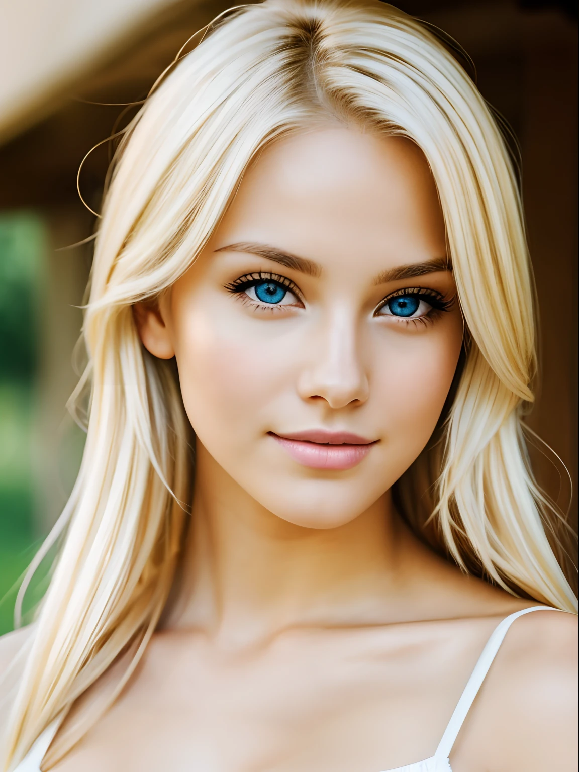 A very beautiful and alluring blonde girl, looking at the camera.
