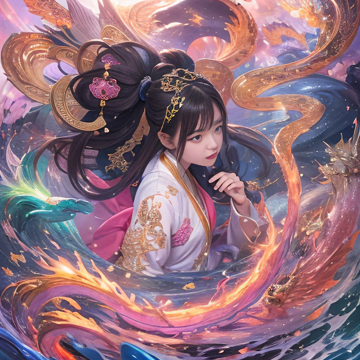 Impeccable,Perfect perfect,Masterpiece, Best quality, offcial art, 8K wallpaper, Very detailed, illustration, 1 girl, Sky blue hair, Long hair, Detailed eyes, Forrest gump, Bare shoulders, Hanfu, Lake, Pure, Soft smile, Bamboo, Tea