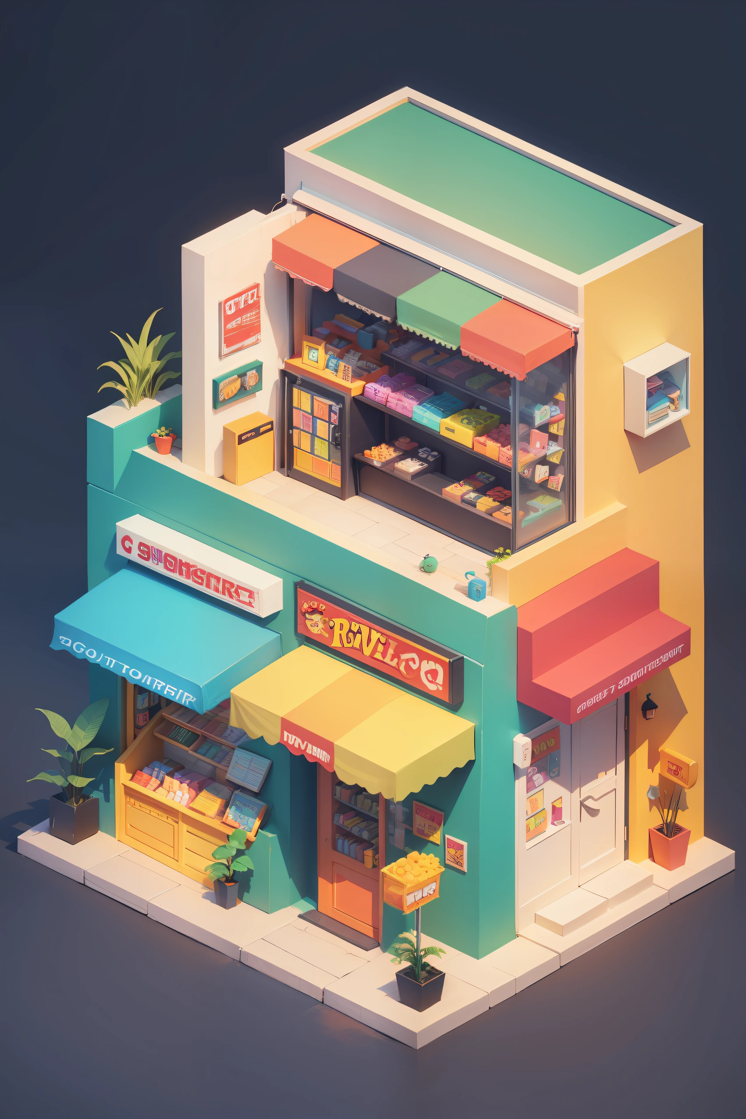 "isometric cartoon store with vibrant colors and lively characters"
