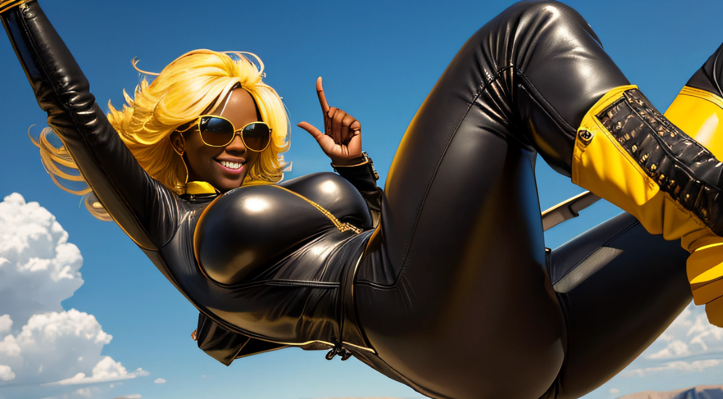 very huge breasts, dark skin, yellow hair, black power hair, full body, Happy smile, realistic hands, realistic face, realistic tooth, realistic feet, realistic face, flying pose, sun glasses, leather bodysuit, leather high boots.