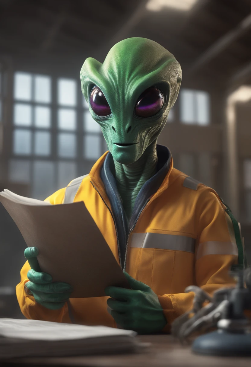 a wide shot of an alien reading a blueprint; idea; very detailed, alien talking on a cell phone; details; background with building under construction, humanoid with an idea, alien having an idea, full body, very colorful, realistic, with details, seen from the front, very colorful, real look, animated, having an idea, clear image, Brazilian alien, eyes detailed, holding pliers, happy, intense look, intense image, striking colors, digital art, realistic style, very detailed, positive colors, construction uniform, worker clothes, wearing a safety helmet, wearing safety boots, wearing ear protection , happy image,