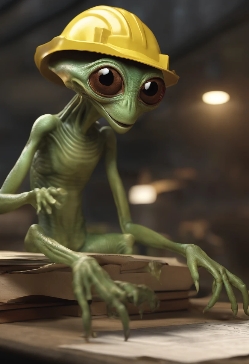 a wide shot of an alien reading a blueprint; idea; very detailed, alien talking on a cell phone; details; background with building under construction, humanoid with an idea, alien having an idea, full body, very colorful, realistic, with details, seen from the front, very colorful, real look, animated, having an idea, clear image, Brazilian alien, eyes detailed, holding pliers, happy, intense look, intense image, striking colors, digital art, realistic style, very detailed, positive colors, construction uniform, worker clothes, wearing a safety helmet, wearing safety boots, wearing ear protection , happy image,