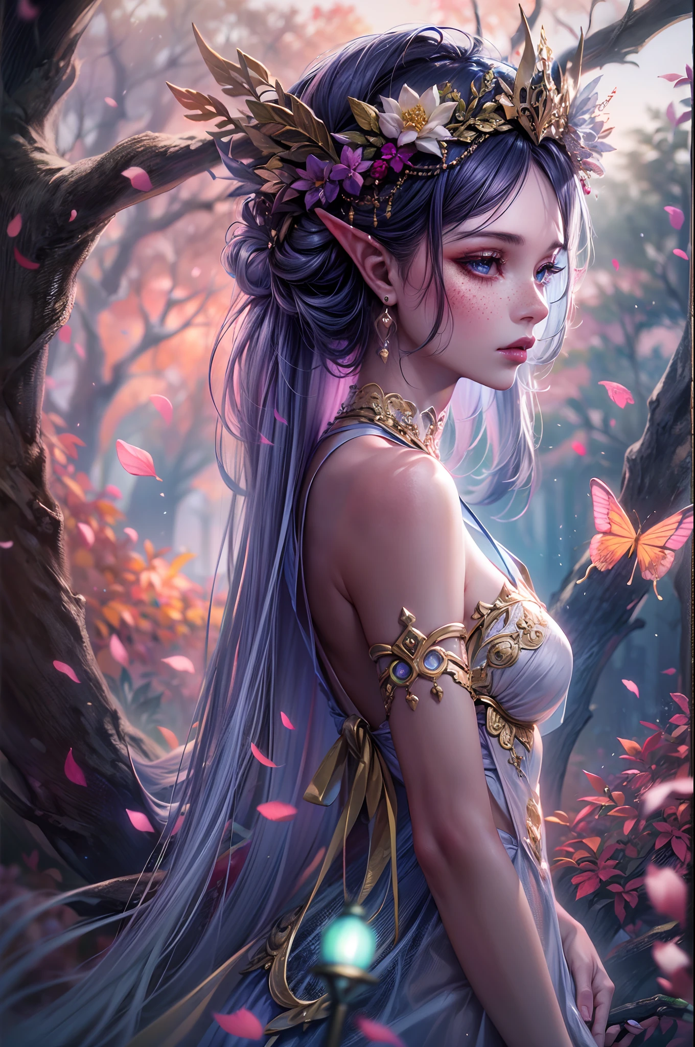 (best quality,4k,highres:1.2),ultra-detailed,realistic, HDR,studio lighting,PastelGothAI:0.8, elf,pointy ears,black hair with red strands,vivid colors,pastel colors,long hair flowing in the wind,ethereal atmosphere,mysterious expression,gloomy background,gothic fashion,cute and dark fusion,fantasy landscape,enchanted forest with glowing mushrooms,moonlit sky,soft and dreamy lighting,elf holding a staff adorned with crystals,freckles,dainty and delicate facial features,piercing blue eyes,rosy cheeks,eyeshadow in pastel purple and pink shades,pouty lips with a hint of shimmer,glowing tattoos of mystical symbols on arms and chest,sparkling jewelry on neck and ears,golden crown adorned with gemstones on her head,flowing gown with intricate lace details,translucent wings with pastel hues and delicate patterns,fairy dust floating in the air around her,soft breeze rustling through the trees,whimsical butterflies fluttering around her,peaceful and serene ambiance,paradise for those with a dark and magical soul