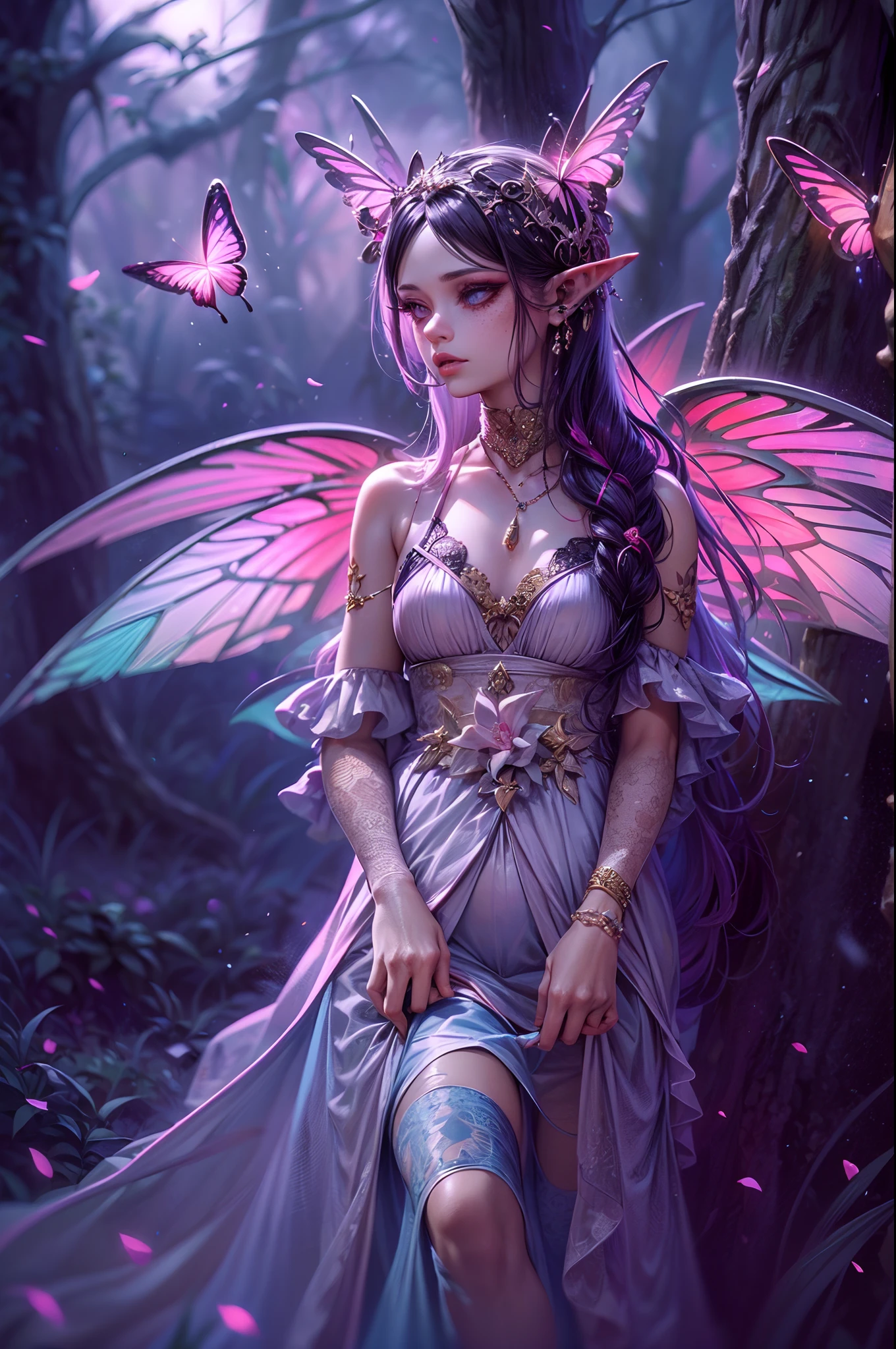(best quality,4k,highres:1.2),ultra-detailed,realistic, HDR,studio lighting,PastelGothAI:0.8, elf,pointy ears,black hair with red strands,vivid colors,pastel colors,long hair flowing in the wind,ethereal atmosphere,mysterious expression,gloomy background,gothic fashion,cute and dark fusion,fantasy landscape,enchanted forest with glowing mushrooms,moonlit sky,soft and dreamy lighting,elf holding a staff adorned with crystals,freckles,dainty and delicate facial features,piercing blue eyes,rosy cheeks,eyeshadow in pastel purple and pink shades,pouty lips with a hint of shimmer,glowing tattoos of mystical symbols on arms and chest,sparkling jewelry on neck and ears,golden crown adorned with gemstones on her head,flowing gown with intricate lace details,translucent wings with pastel hues and delicate patterns,fairy dust floating in the air around her,soft breeze rustling through the trees,whimsical butterflies fluttering around her,peaceful and serene ambiance,paradise for those with a dark and magical soul