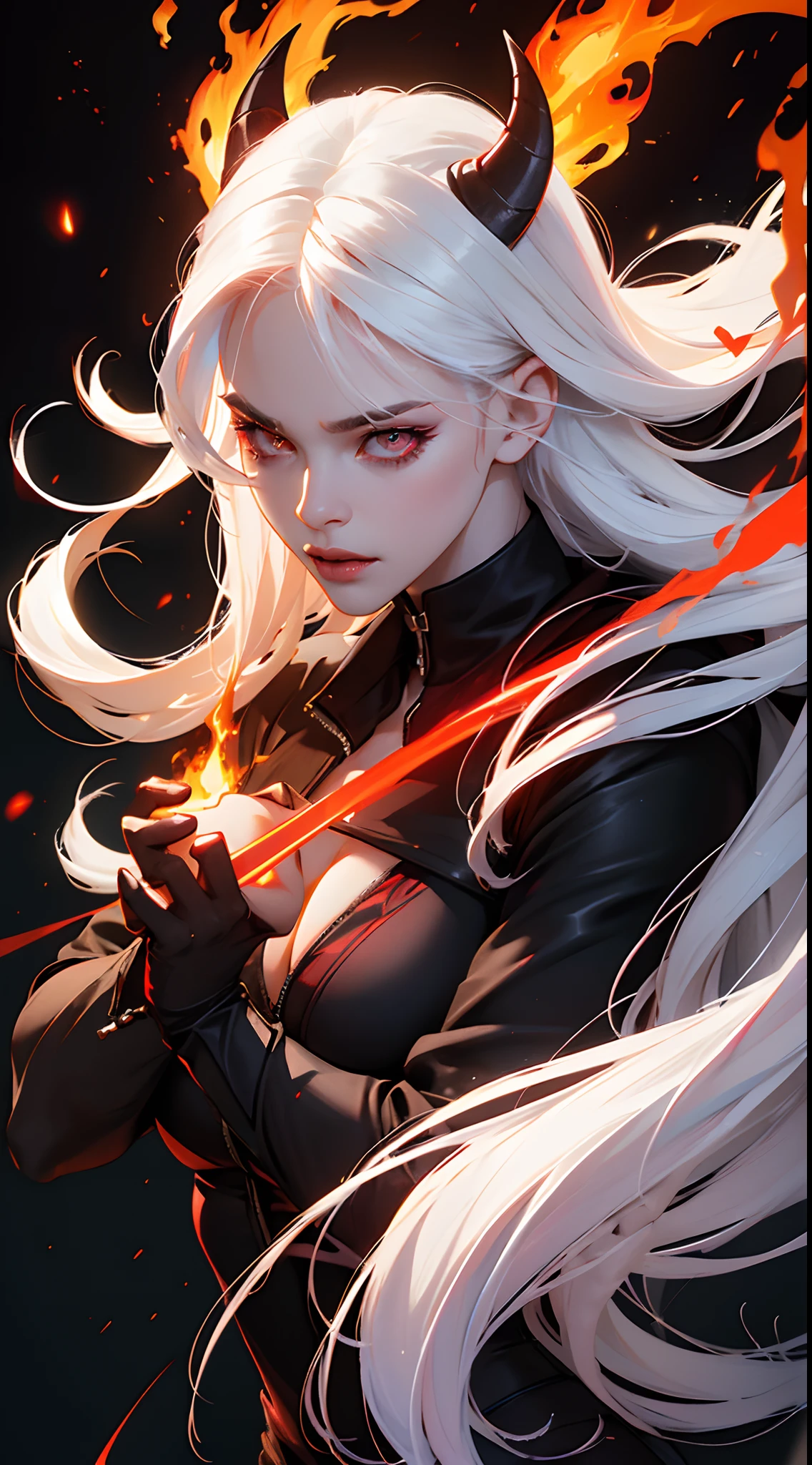 female demon, black background, red energy magic, red glowing eyes, white hair,fair skin, dynamic pose, kawaii, fit build, gorgeous perfect face, in the style of realistic and hyper detailed renderings, zbrush, hyper realistic oil, contoured shading, darkness,in the hell,fire