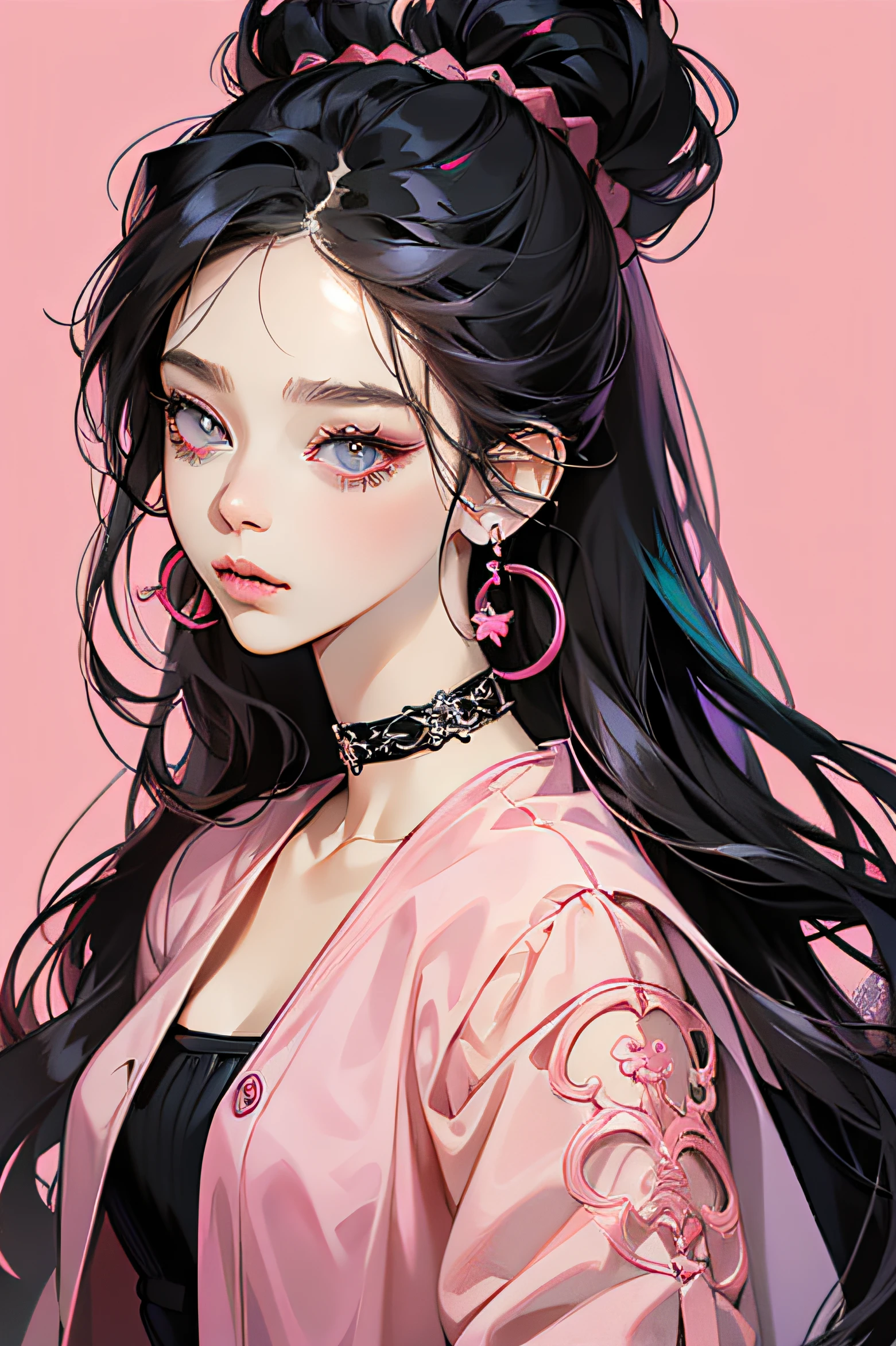 (Extremely detailed), drawing of a woman with a black choker connected to a chain, pink clothing, black hair, many piercings, in an anime style, anime style portrait, cartoon art style, thick lineart