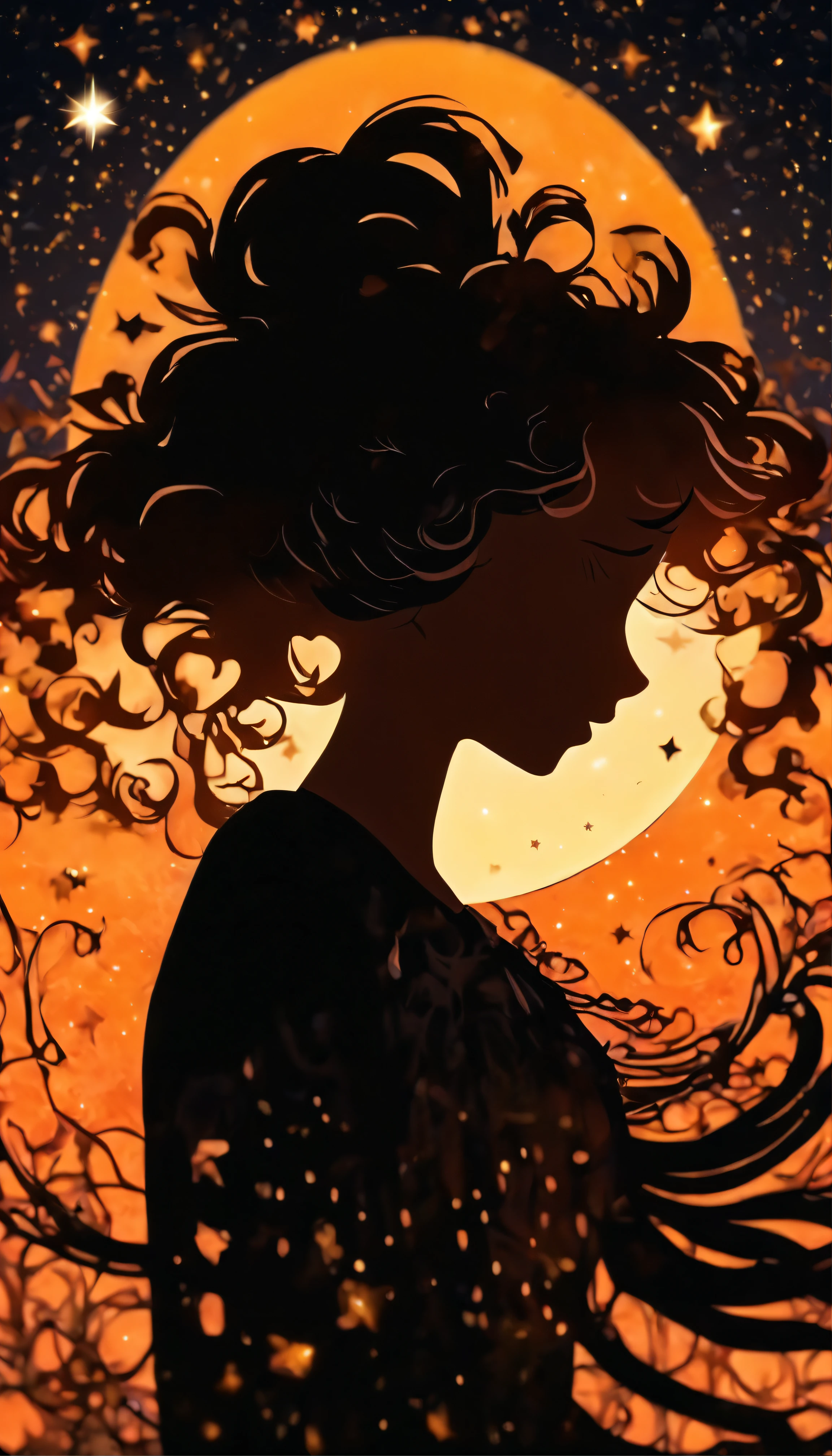 (Silhouette Art,cutouts:1.6)
(((Paper cutting art,A world where only black exists:1.3)
(bottom Shot),1 girl,Solo,
(Girl in dress,profile:1.2),white, Clear and beautiful face,Countless meteors、The Moon Behind、
Romper
(Dark Moon)
Textured glass background,Tarot card atmosphere、Atmosphere of the Galaxy Express