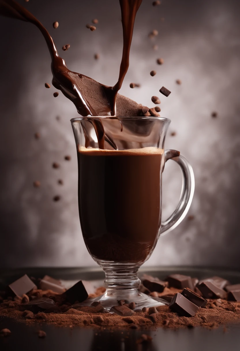 Chocolate chunks dripping with dark chocolate liquid pouring out and sprinkling the air with cocoa --s 750 --v 5.2