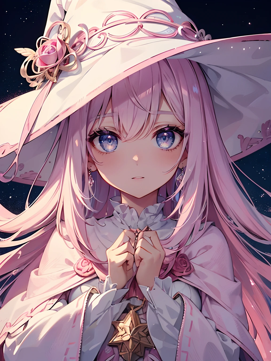 (masterpiece,best quality,ultra-detailed),1girl,white and pink hair,beautiful and detailed face, detailed eyes,pink witch hat,pink witch outfit,looking at viewer,blushing, embarrassed, nervous smile,(grey and pink theme), night,starry background