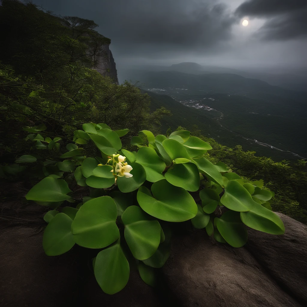 Magnificent view，Forest mountain landscape photography，Nature，It just rained，Harsh winter，Bushes in the moonlight，breeze， Eau，Rocks at night，Boulders，cobblestones，1 Moist white Phalaenopsis orchid in moonlight on the edge of the cliff，foggy sky，Nightmare vision， Dark fantasy plot，Perfect and excellent composition，8K分辨率，the detail，Rain trails，dampness，water stain，very wide angle shot，Jack Guzman's environmental art photography，realisticlying，cinematic compositions，Volumetriclighting，vividness, A detailed, stunning skies, Colorful clouds float，true to life, Pubic area is clear, flawless perfection, Digital SLR, 16k, 1024, 2048, 4096, A detailed, Sharp, best qualtiy, high qulity, absurderes，unmanned background，The is very detailed、Detailed lighting shadows，Trends on ArtStation、iintricate、high detal、dramatics、Midjourney Art（Volumetriclighting：1.2）hdr shot。（Faraway view，Super deep view，ultra-wide-angle，Microfocal length lens：1.2）（realisticlying：1.4）tmasterpiece、high high quality、Beautiful photography、globalillumination、