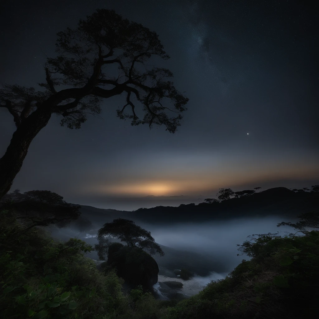 Magnificent view，Forest mountain landscape photography，Nature，It just rained，Harsh winter，Bushes in the moonlight，breeze， Eau，Rocks at night，Boulders，cobblestones，1 Moist white Phalaenopsis orchid in moonlight on the edge of the cliff，foggy sky，Nightmare vision， Dark fantasy plot，Perfect and excellent composition，8K分辨率，the detail，Rain trails，dampness，water stain，very wide angle shot，Jack Guzman's environmental art photography，realisticlying，cinematic compositions，Volumetriclighting，vividness, A detailed, stunning skies, Colorful clouds float，true to life, Pubic area is clear, flawless perfection, Digital SLR, 16k, 1024, 2048, 4096, A detailed, Sharp, best qualtiy, high qulity, absurderes，unmanned background，The is very detailed、Detailed lighting shadows，Trends on ArtStation、iintricate、high detal、dramatics、Midjourney Art（Volumetriclighting：1.2）hdr shot。（Faraway view，Super deep view，ultra-wide-angle，Microfocal length lens：1.2）（realisticlying：1.4）tmasterpiece、high high quality、Beautiful photography、globalillumination、