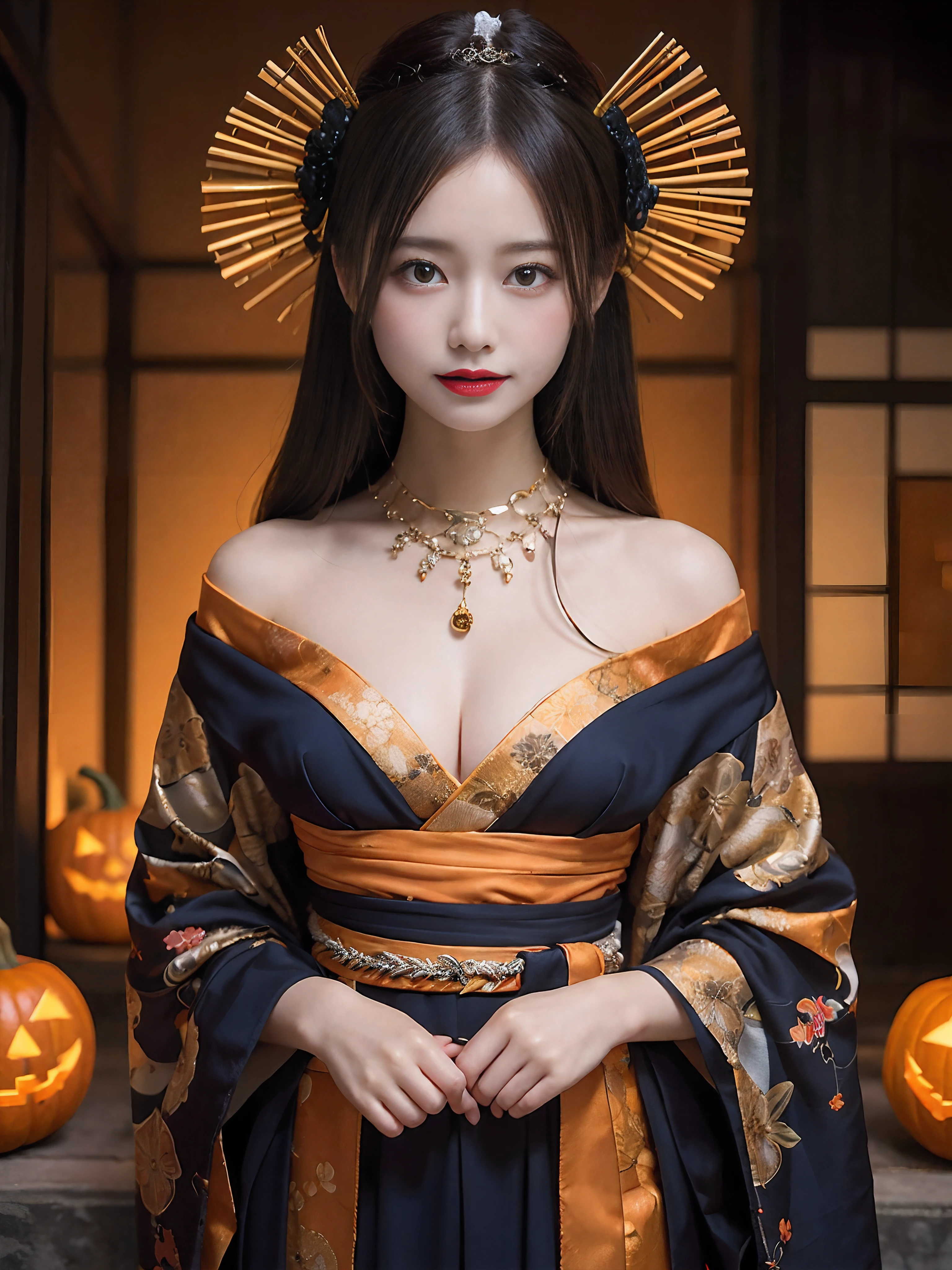 In a futuristic scene, Geisha in Japan with mechanical reinforcement、Elegant in elaborate gardens. She has beautifully detailed eyes and lips that complement her face. Geishas wear traditional kimonos with intricate patterns and designs. Night city and Halloween decorations around her. The scene is painted with a blend of illustration and photorealism, Ultra-detailed brush strokes and clarity, Vivid colors. Lighting emphasizes the elegant features of the geisha, Gives her porcelain skin a soft glow. Artwork is of the highest quality, 4K or 8K resolution, Showcase the intricate details of geisha attire, nightcity、Halloween. The overall color scheme is、It is a combination of traditional shades of Japan, Crimson, etc., blacks, and subtle gold accents, With a futuristic twist. The fusion of ancient traditions and modern technology is、Create captivating and visually striking masterpieces.Halloween、Halloween、pumpkins、Background Halloween、mischievous look、Evil face、Dubious smile