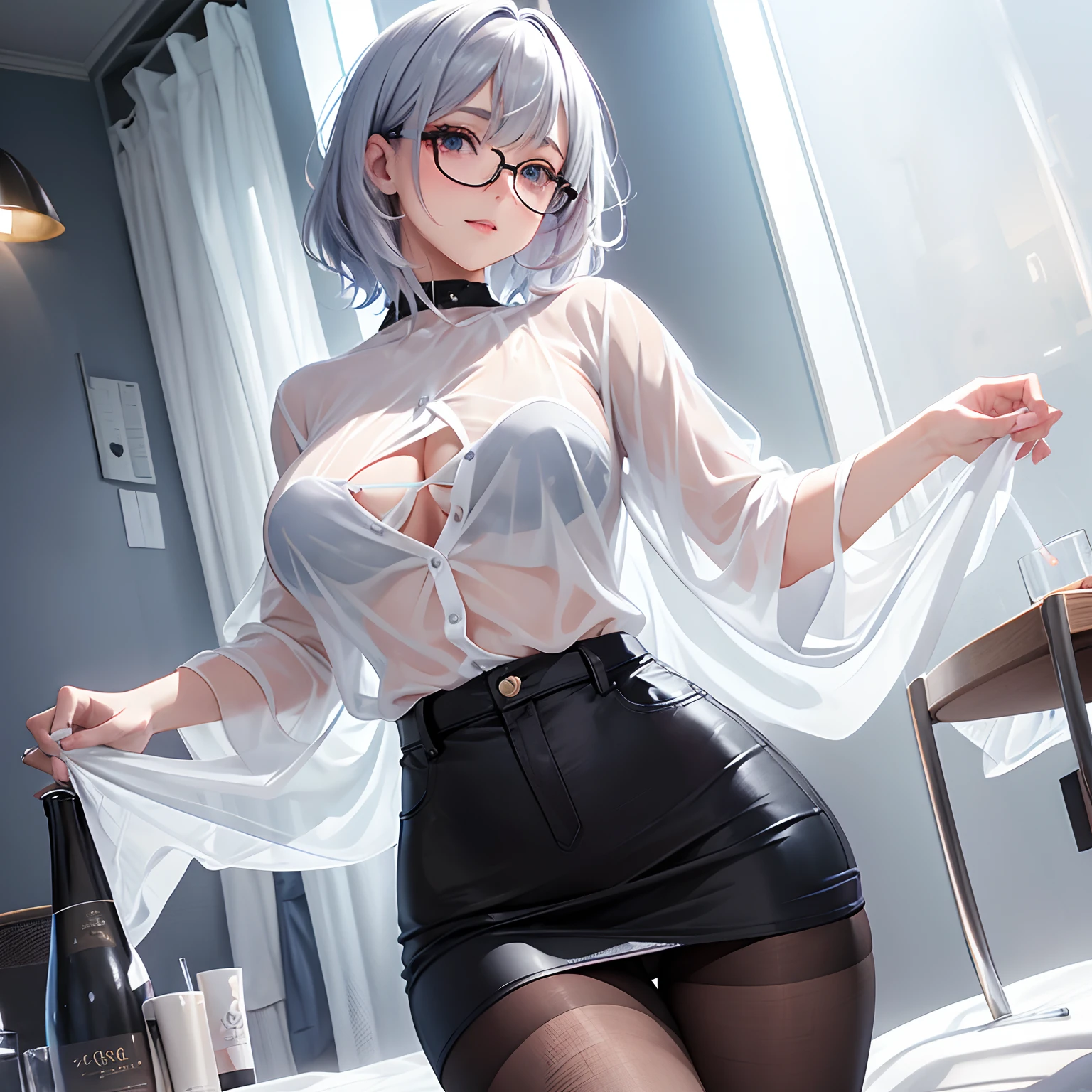 finest image, colorful and soft watercolor painting, portrait, intelligent sexy beauty, amorous expression, lewd expression, laugh, happy, shy, light silver glossy flowing layered messy wavy iridescent short hair, blue sparkling big eyes, red alluring moist big thick lips, unbuttoned white shirt, black miniskirt, black pantyhose, see-through red lace lingerie, glasses, great proportion, professional lighting