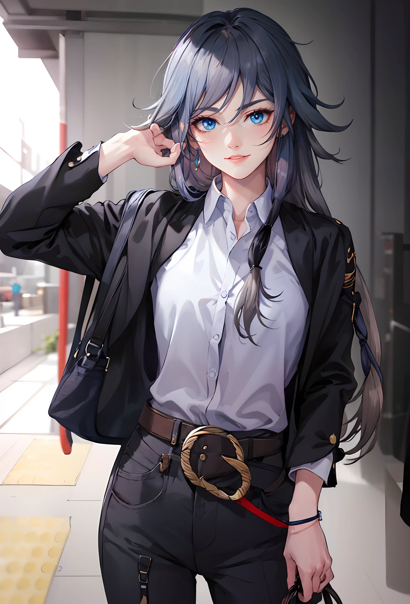 Fu Hua(Rustic Noir), (grey hair, long hair:1.7), jacket, pants, belt, shirt, black_jacket, bag, dress_shirt, white_shirt, long_sleeves, looking_at_viewer, solo, parted_lips, collared_shirt, breasts, standing, black_pants, open_jacket, cowboy_shot, suit, tomboy, (sweating:1.4), breasts press,