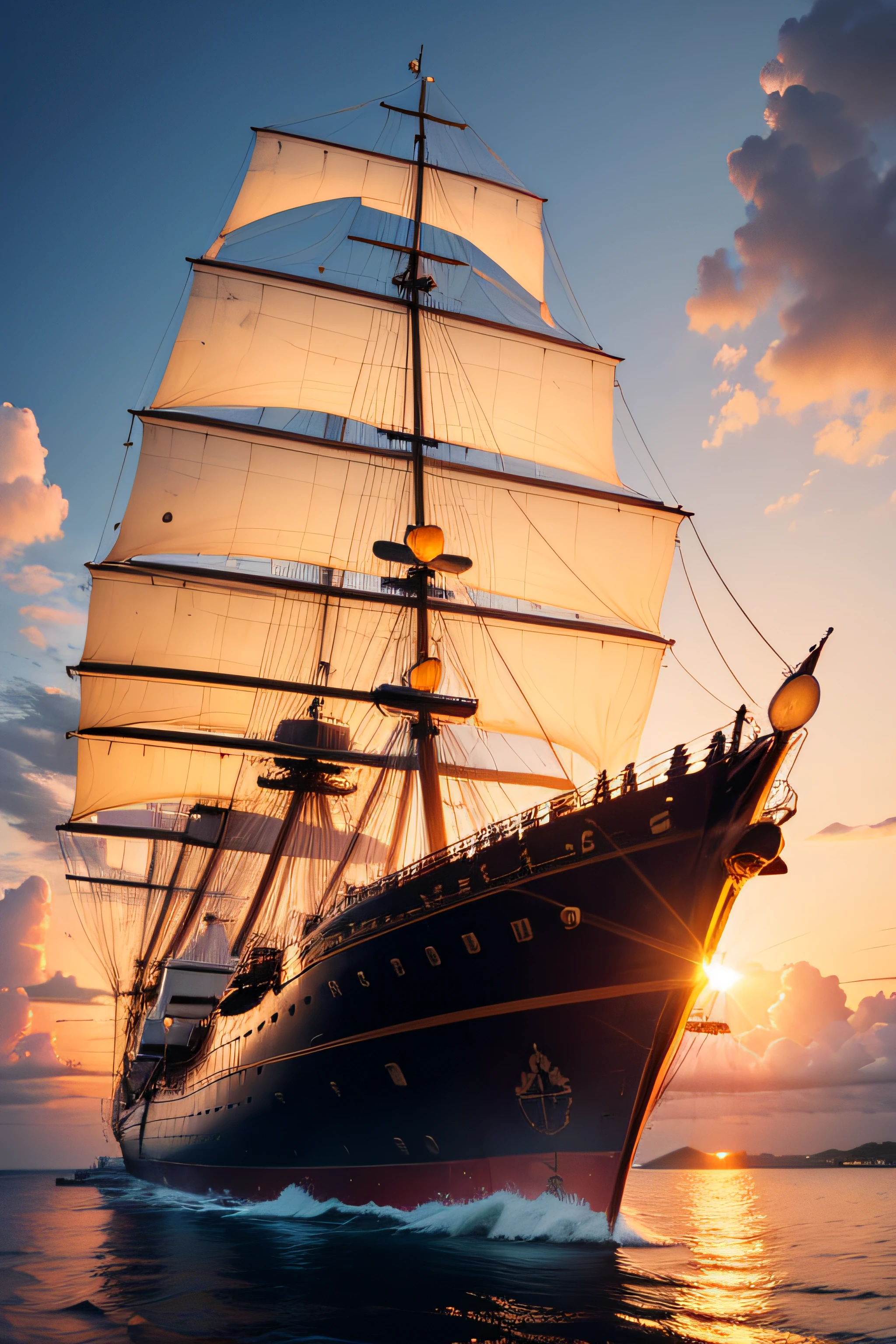 The sailing ship HMS VICTORY in the Caribbean at sunset, cinematic, high details