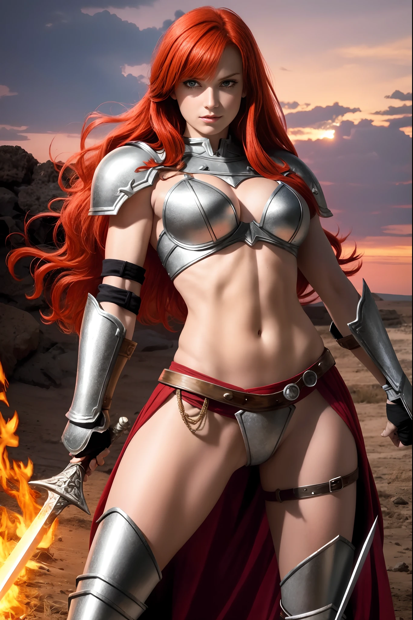 a red haired woman in skimpy metal armor, sword in hand, Red Sonja,
