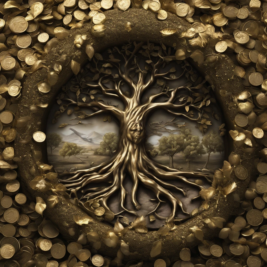 On the ground of gold coins，A tree grows，The tree is entangled in vines，Dark colors