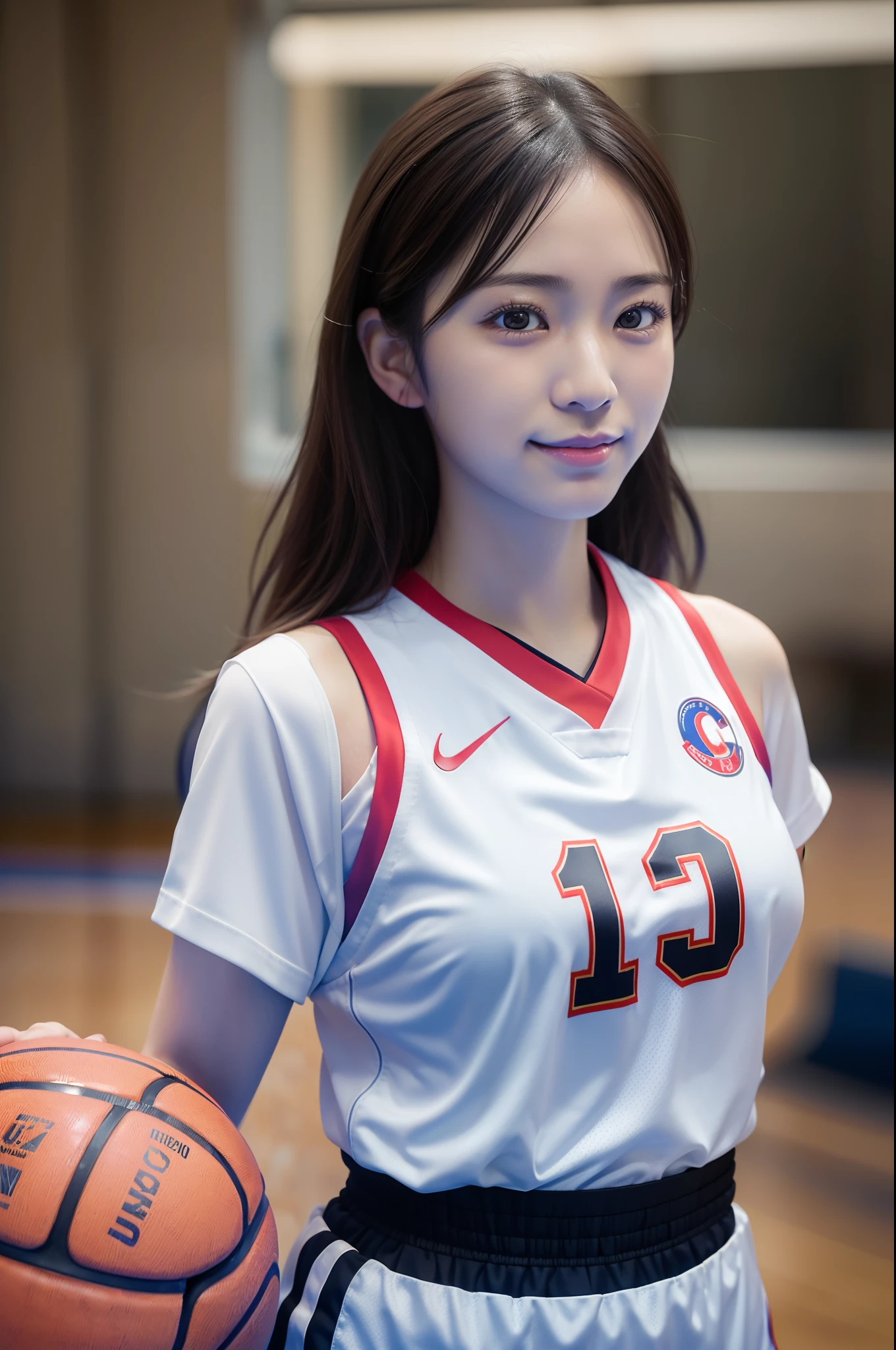 ((photographrealistic)), (realistic), (best quality), (masutepiece), (ultra high definition), ray tracing, ((one Japanese female basketball player)), high definition face, high definition finger, high definition uniform, sagging breasts, closed mouth, smile, upper body, long shot, gymnasium