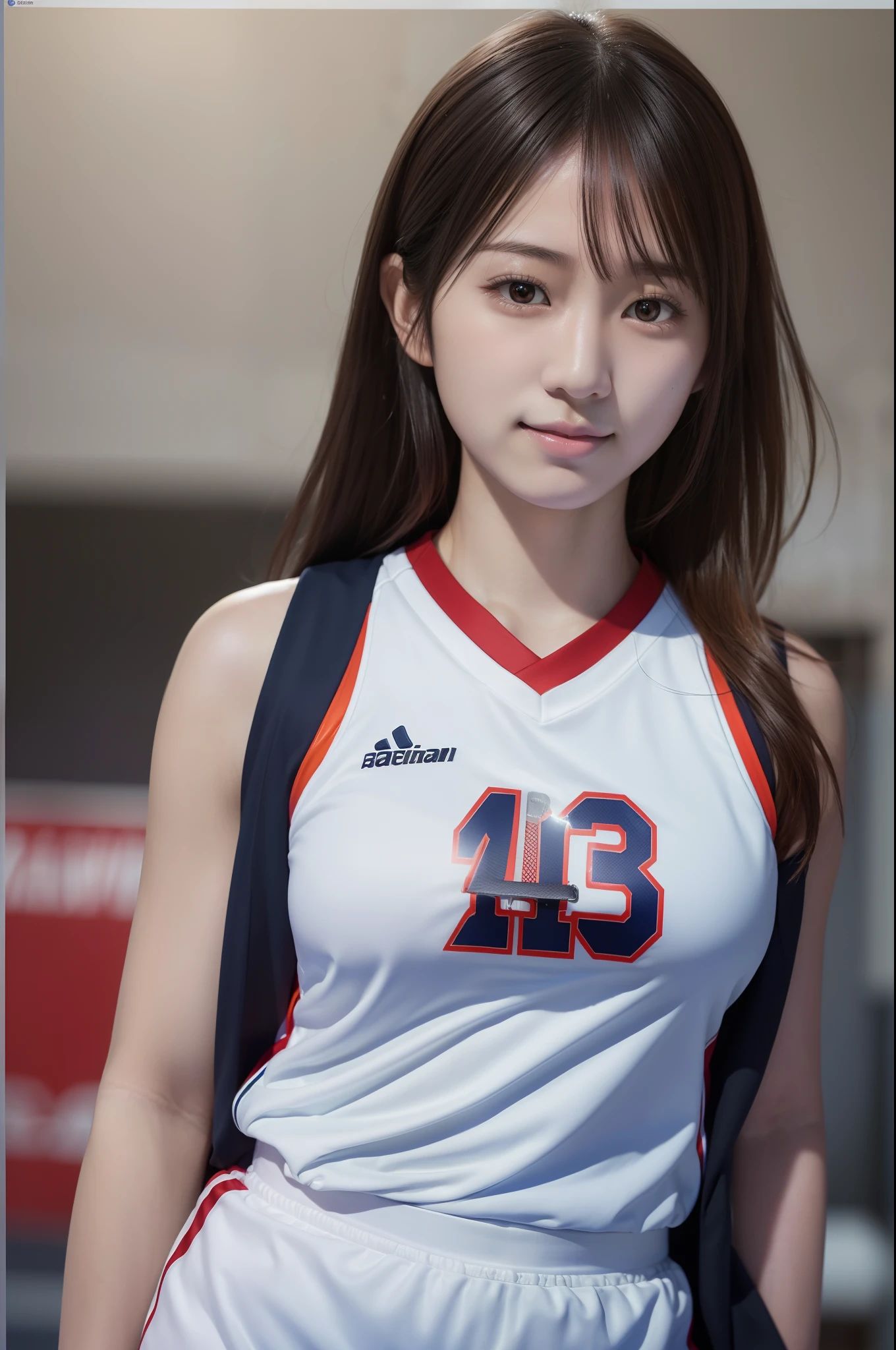 （ best qualtiy， tmasterpiece：1.2），A high resolution，4K,1girll，独奏，Delicate face，real looking skin，Dynamic light and shadow,Sharp focus,depth of fields,The eyes are delicate,pupil realistic, Playful expression， wear basketball uniform，（perfect bodies），（Big breasted 1.1），basketball playground，realisticlying, ultra - detailed, (shiny skins, perspired:1.4), looking at viewert,