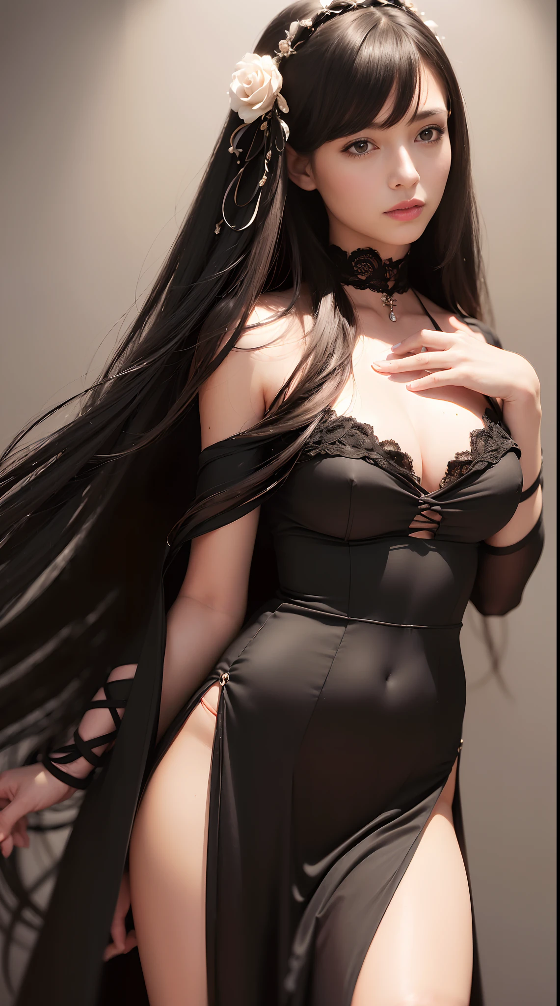(Best quality, A high resolution, Masterpiece:1.2), Ultra-detailed, (Realistic, Photorealistic, photo-realistic:1.37), sportrait, Solo, Black dress, long and flowing hair, Black background, Intricate roses, satin ribbons, Dark layered hair, Amazing roses, Hair ribbon, Green eyes, Long-sleeved dress, White rose, closedlips, Black ribbon, Cinematic lighting