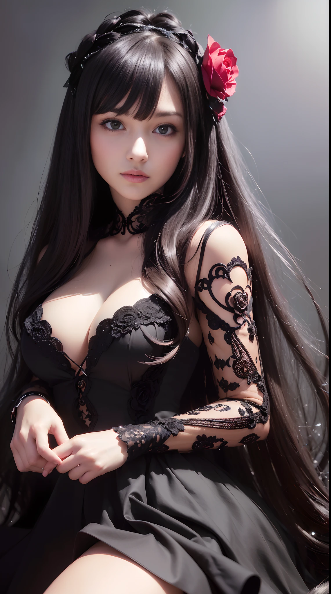 (Best quality, A high resolution, Masterpiece:1.2), Ultra-detailed, (Realistic, Photorealistic, photo-realistic:1.37), sportrait, Solo, Black dress, long and flowing hair, Black background, Intricate roses, satin ribbons, Dark layered hair, Amazing roses, Hair ribbon, Green eyes, Long-sleeved dress, White rose, closedlips, Black ribbon, Cinematic lighting
