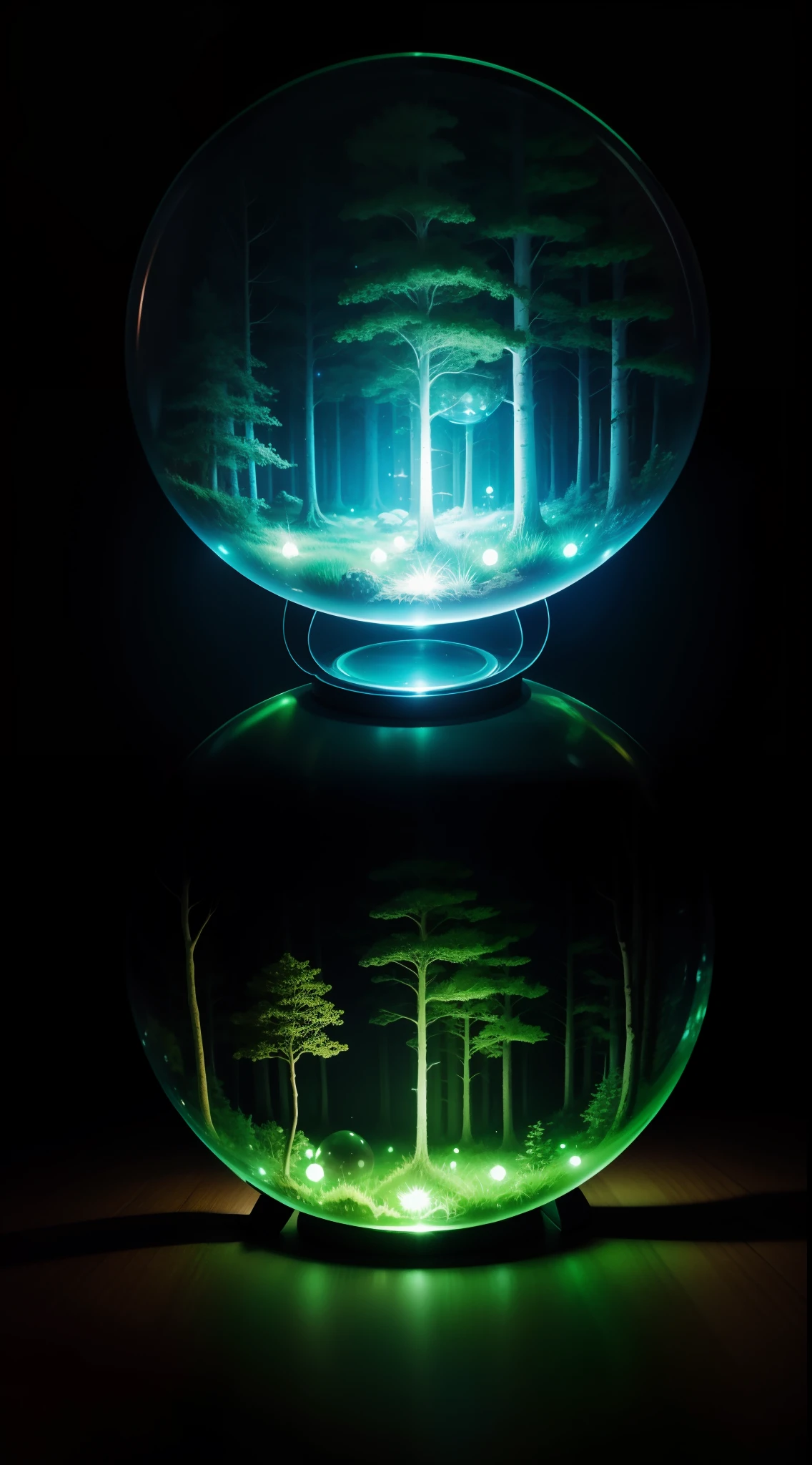 Fantasy forest in a glass sphere, neonlight, Realistic, Glow