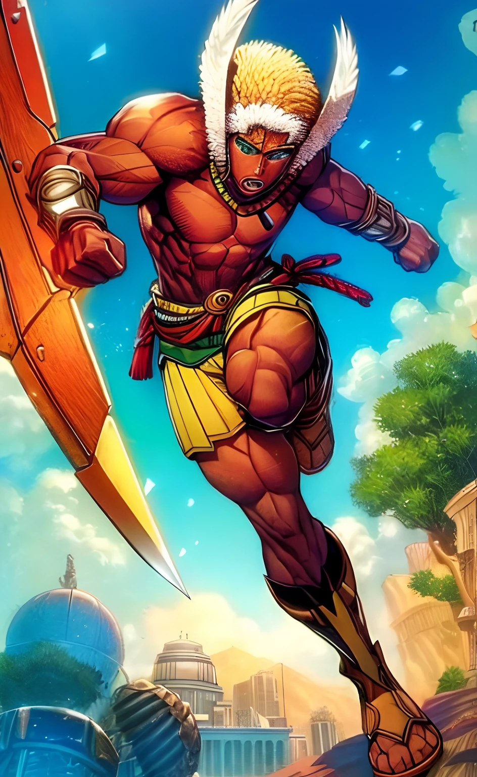 A strong athletic African warrior with the features of Rambo and modern and  futuristic weapon