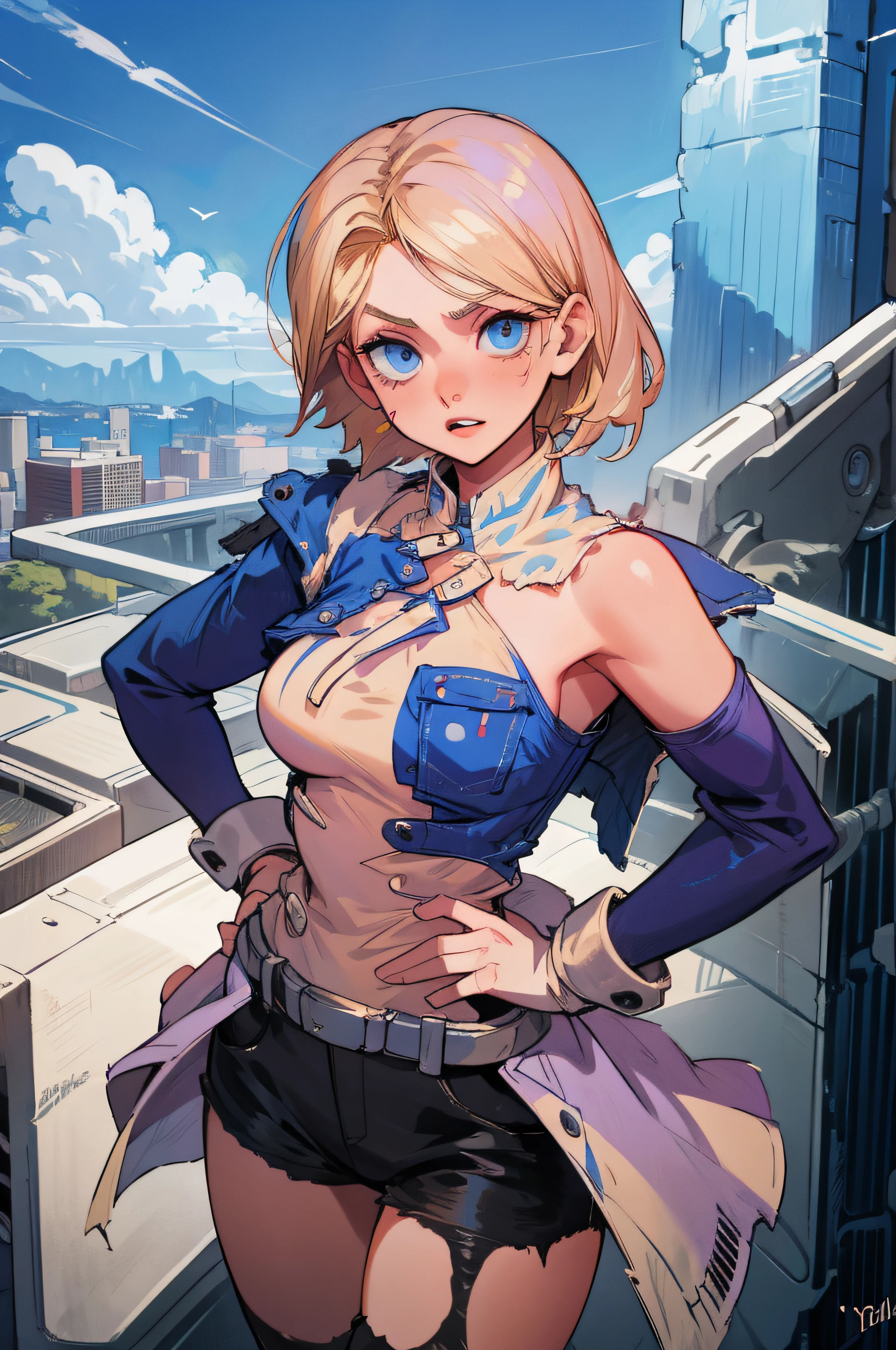 android 18, blue eyes, blonde hair, short hair, denim jacket, black shirt, medium breasts