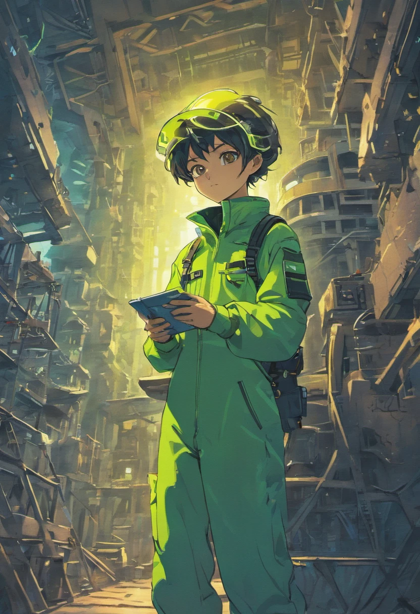 a wide shot of an alien reading a blueprint; idea; very detailed, alien talking on a cell phone; details; background with building under construction, humanoid with an idea, alien having an idea, full body, very colorful, cartoon style, with details, seen from the front, very colorful, hq style, animated, having an idea, clear image, Brazilian, detailed eyes, holding pliers, happy, intense look, intense image, striking colors, digital art, 3d drawing style, animated, very detailed, positive colors, construction uniform, worker clothes, wearing a safety helmet, wearing safety boots , wearing ear protection, happy image,