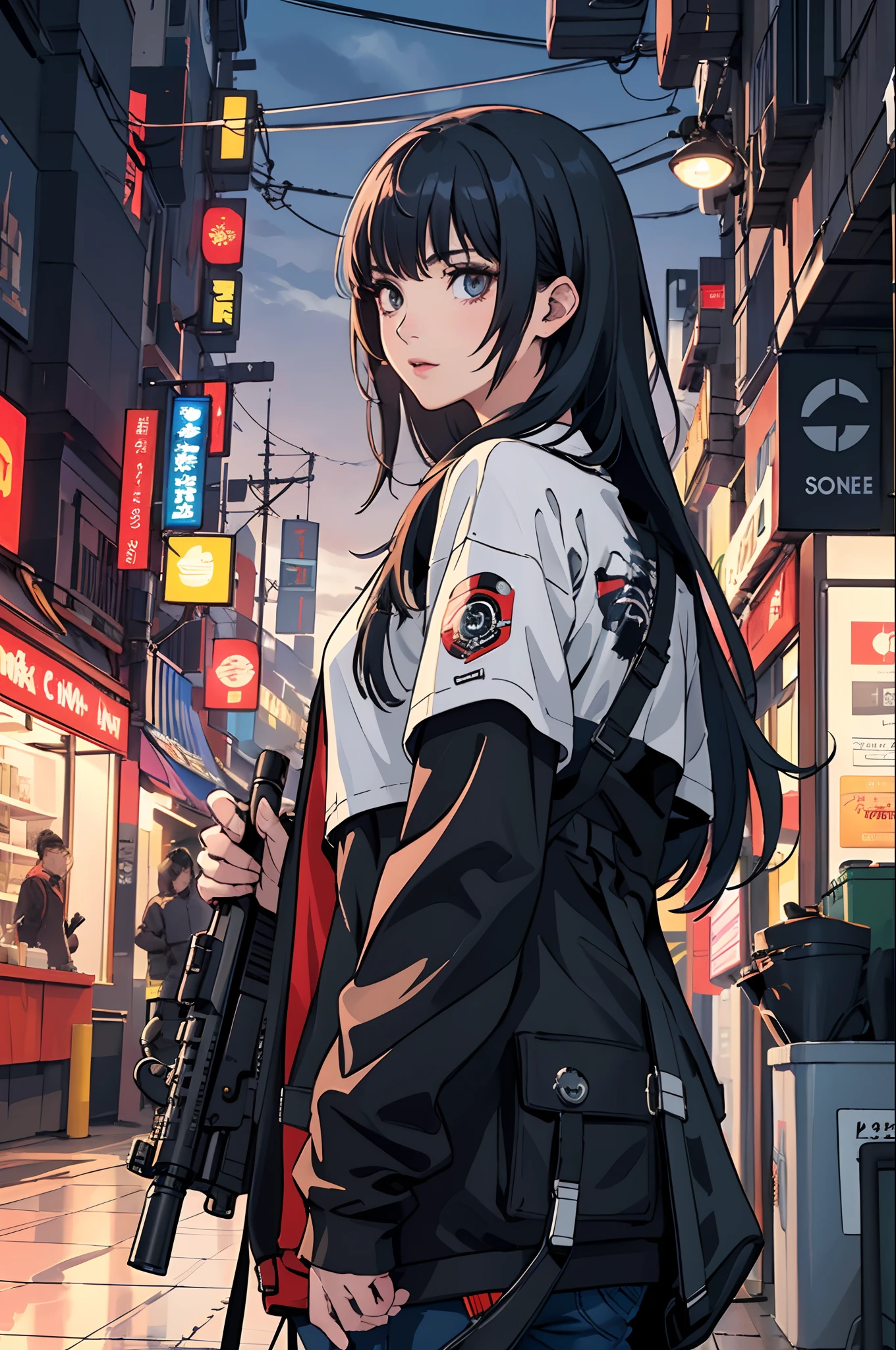 (top-quality, masterpiece:1.2) | A detailed eye:1.2 1 female ,Solindo (dynamic ungle, POV, faces, The long-haired,Gun Shop) gargantilha, The shirt, Open sweatshirt, finely detailed, masterpiece, Cyberpunk-style clothing