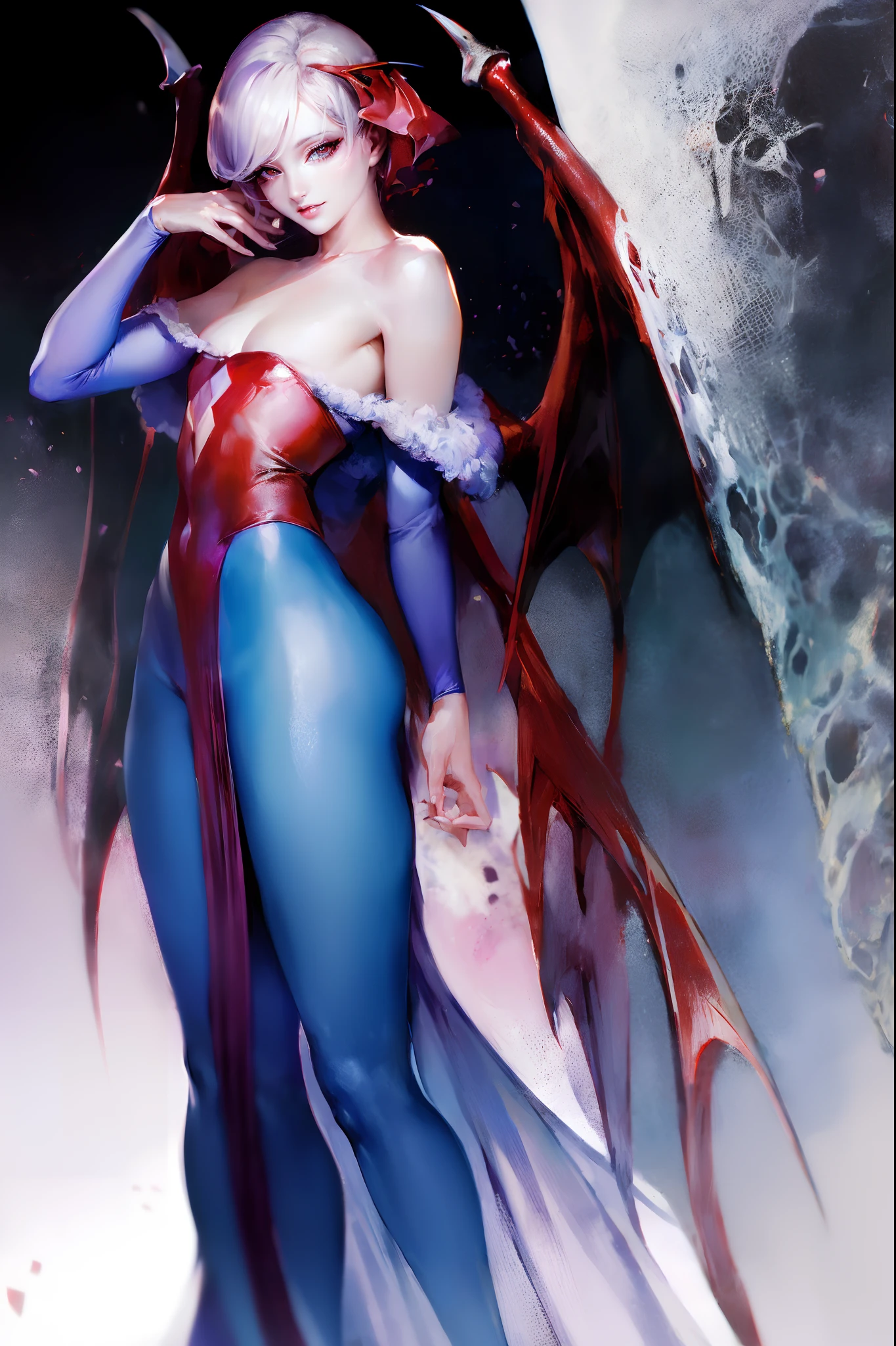 (best quality,masterpiece:1.2),intricate details,beautiful detailed eyes,beautiful detailed lips,extremely detailed eyes and face,longeyelashes,darkstalkers_lilith modeseven,super curvy,comic style,vibrant colors,standing,innocent, full body, standing, smile