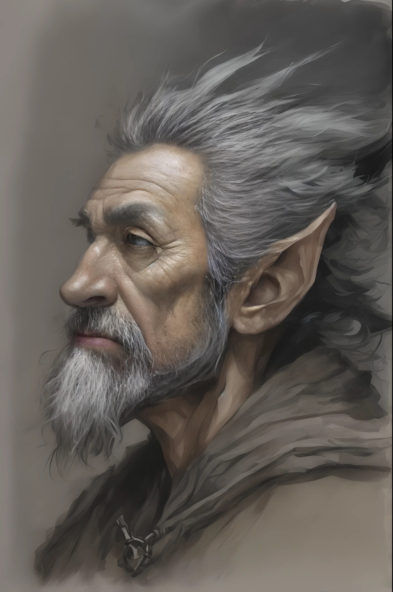 High angle detailed ((dnd druid portrait)), continued, high definition, (oil painting: 1.1), (comic art style: 1.5), (ink outline: 1.3), stunning, people, portrait, ((( Side view))), angular features, (dark gray gradient bob hair), (soft natural color: 1.3) painting style by Jean Baptiste Monge