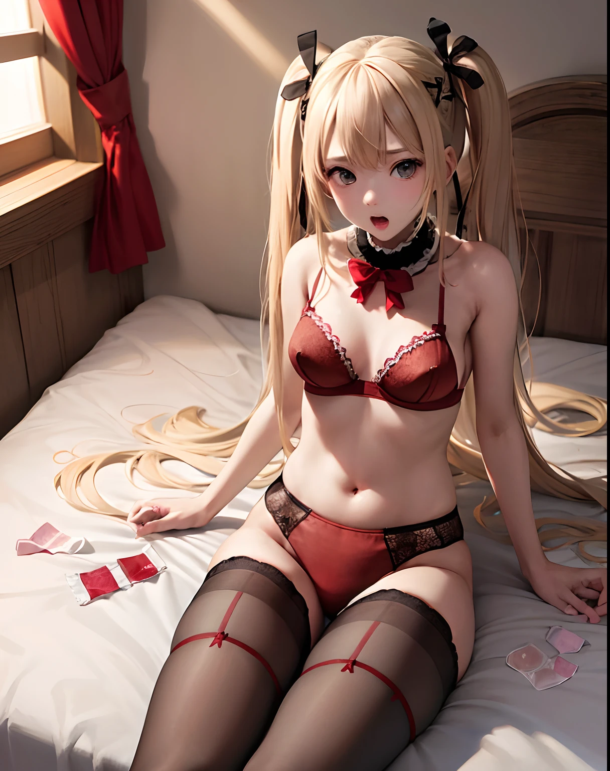 masterpiece、hiquality、1girl in、独奏、Marie Rose、cowboy shot、embarassed expression、Bedroom、((Red BRA))、((Red panties))、((pantyhose))、sleep on one's back、((Holding a condom in your hand))