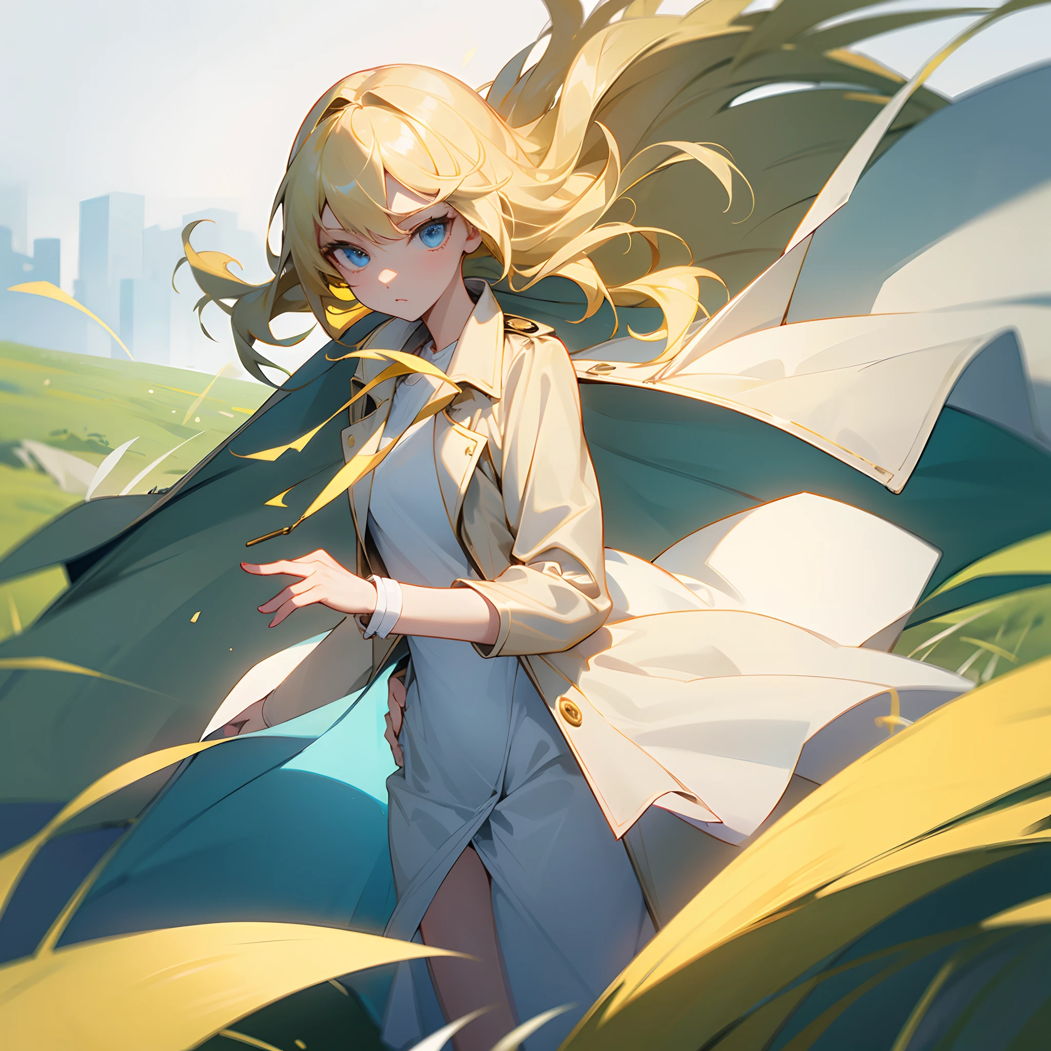 one-girl,blond hairbl,Fair skin,Dull hair,Light blue eyes,Gold trench coat,There is a white dress inside,The trench coat flutters in the wind,surrounded by grassy areas