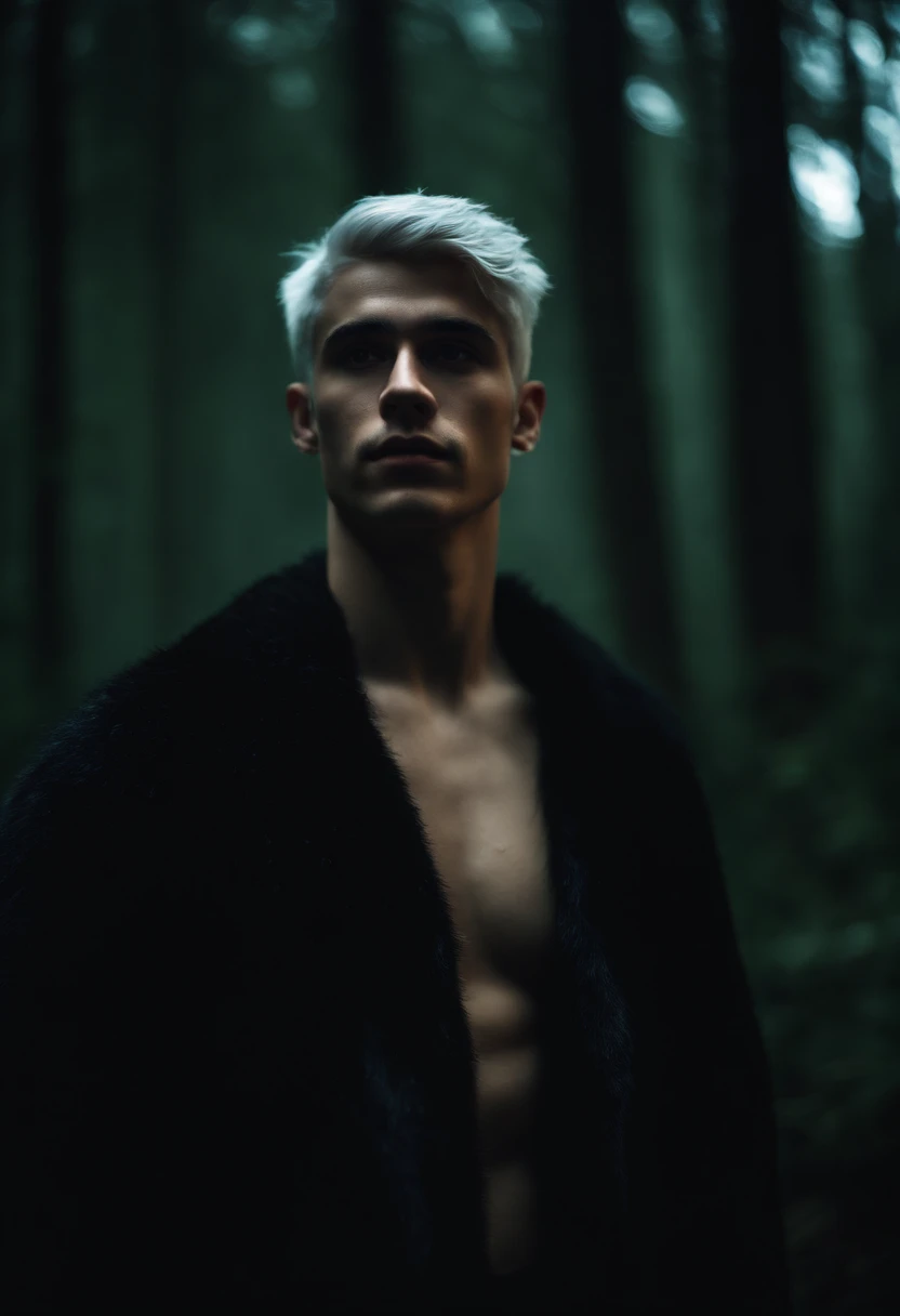 Young man, 20 years old, white hair, two block haircut , shirtless wearing a black fur coat, standing in the forest at night, portrait, magical light, surrounded by fog