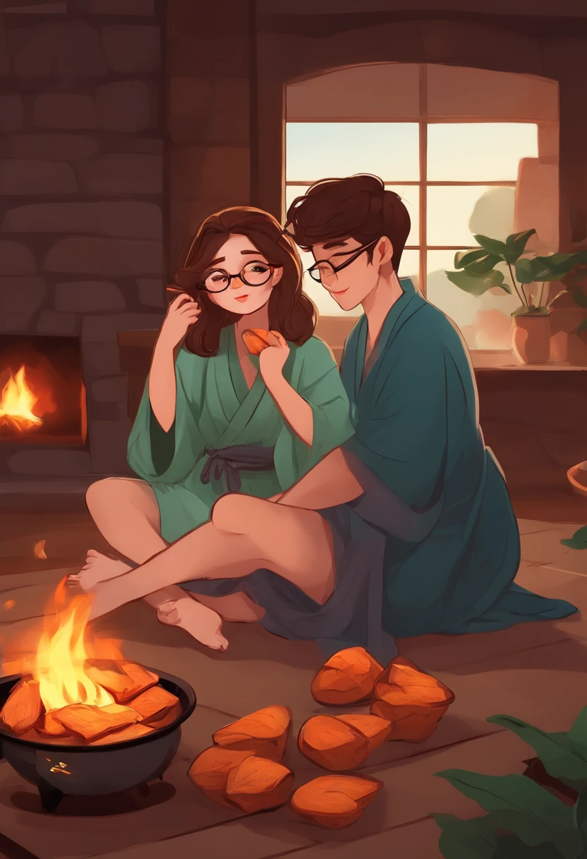 A girl in a kimono and a boyfriend with glasses,Sitting by the fire eating roasted sweet potatoes,cartoonish style,4 pictures