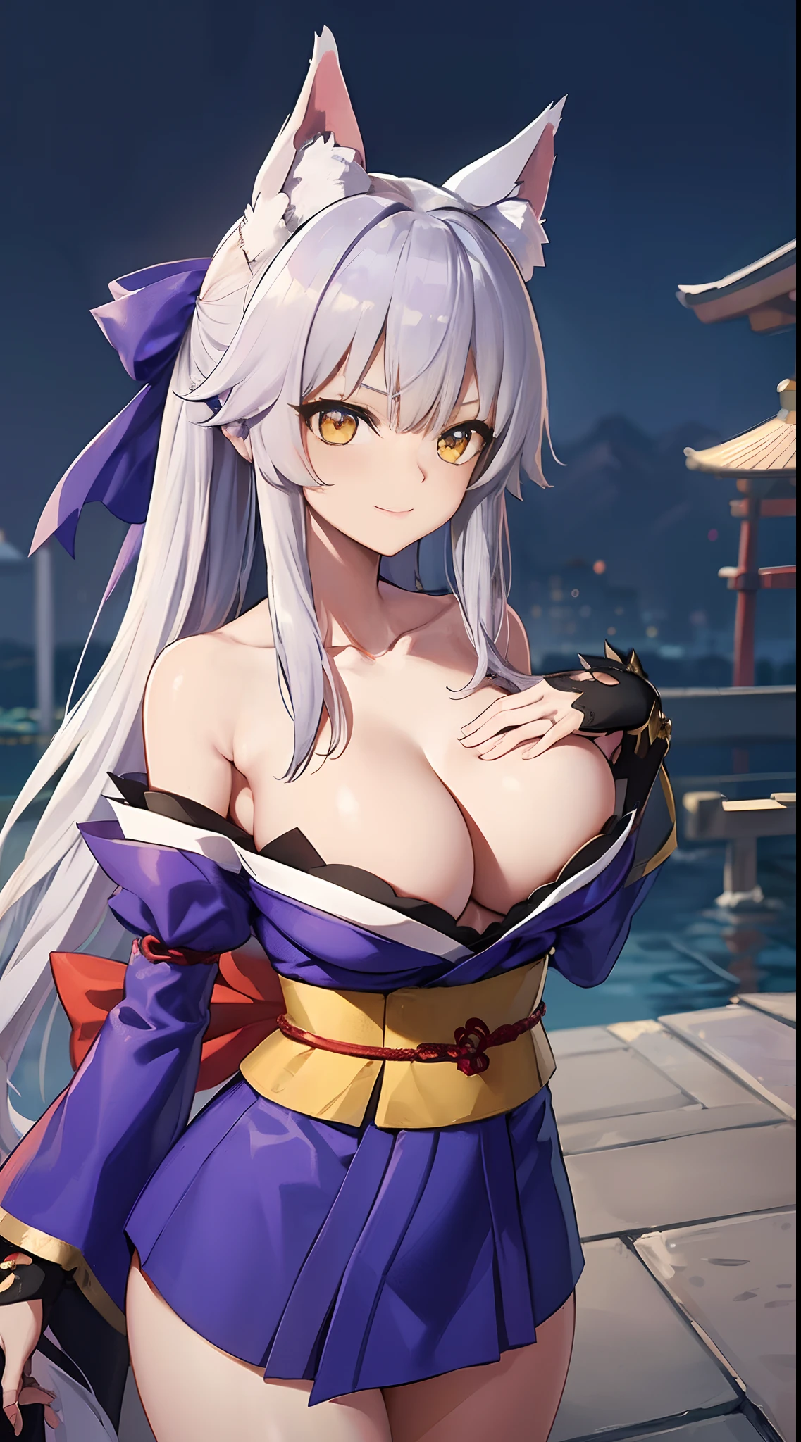 ((8K)), ((masterpiece)), ((top-quality)), ((超A high resolution)), Raw photo,proffesional, extra detailed face, (A sexy), (独奏), (tamamo(Fate/Extra\)), ((Silver fox ears:1.2)), (Beautiful Silver Fox Girl), (Silver fox tail), tail, Hair Ribbon, ((Bring out the skin of the shoulders and collarbone)), 鎖骨, (beutiful breast), (Silvery beautiful hair, (Twin-tailed)), ((Beautiful yellow eyes)), (beatiful detailed eyes:1.6), (Blue-purple kimono), (Red Ribbon), Detached sleeves, Blue-purple kimono, Blue-purple kimono, (lightsmile), (Precincts of the shrine), (torii gate), BREAK looking at viewer, defined legs, Defined arm, defined fingers