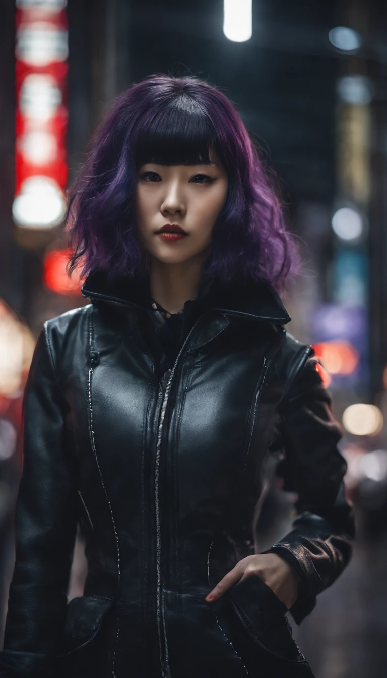 japanaese girl,pale skin,beatiful face(purple hair)red jacket,Tokyo at night, with Cyberpunk style,Japanese streetwear,Tokyo Fashion,In a Cyberpunk 2 jacket 0 7 7,Full-length,attractive pose,Bottom view,Araffe woman in black dress and black hat posing for photo, inspired by Otake Chikuha, Sui Ishida with black hair, based on Iwasa Matabey, Masami Kurumada Style, inspired by Yukihiko Yasuda, based on Sakai Hoitsu, Wearing Japanese technical clothing
