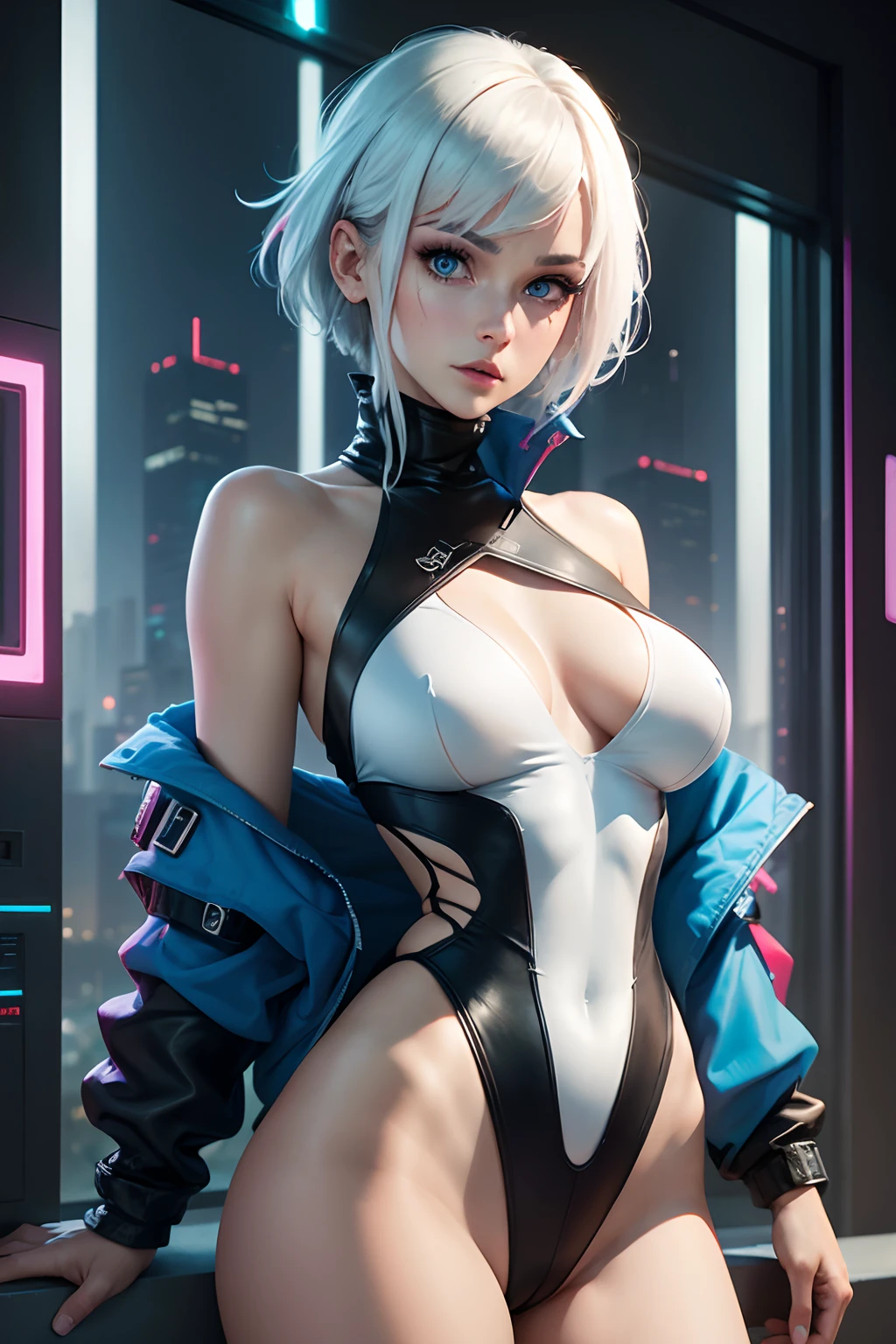 cyberpunk edgerunners, 1woman, lucy (cyberpunk), bare shoulders, blue eyes, breasts, leotard, looking at viewer, medium breasts, off-shoulder jacket, off shoulder, red eyeliner, short hair, sleeveless turtleneck leotard, solo, turtleneck leotard, white hair, ((masterpiece)) (best quality, masterpiece)