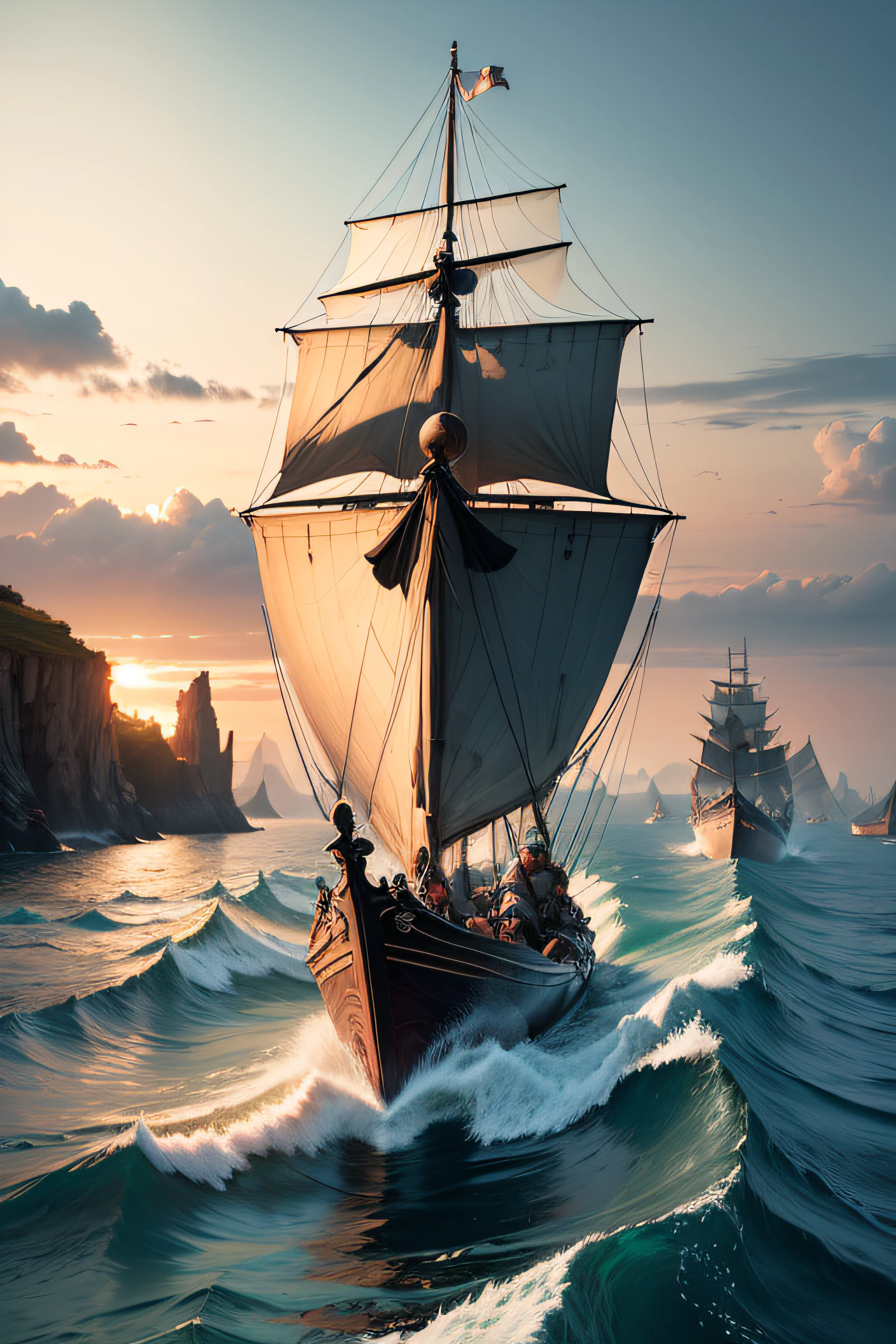 Create an image of a vast continental beach, stretching as far as the eye can see, with thousands of warriors navigating in many small rowing boats, reminiscent of Viking longships. These boats are scattered across the sea, braving the perilous waters filled with jagged rocks that jut out, some barely submerged, creating a treacherous passage. The warriors are determined and fearless as they navigate these challenging waters, ready for their conquest