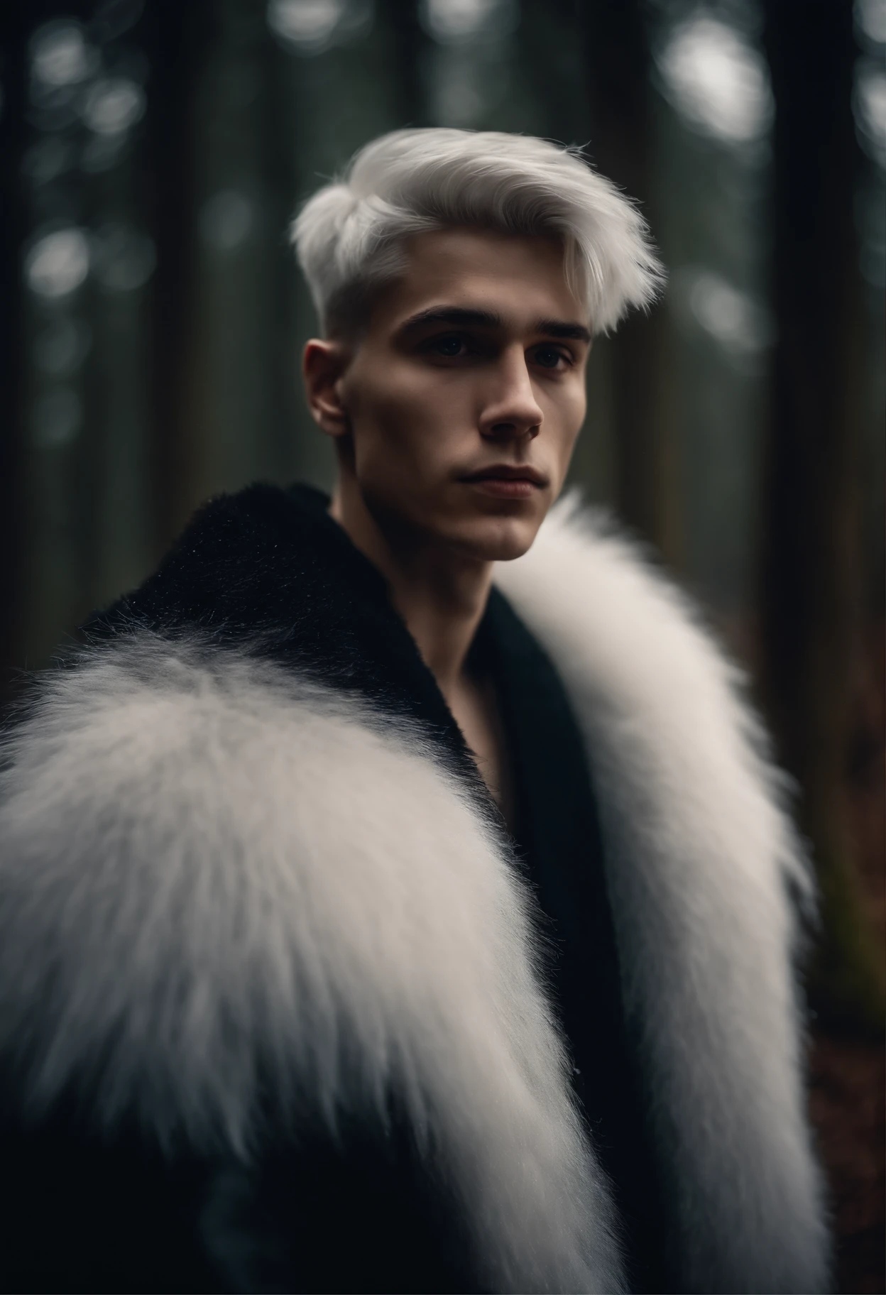 Young man, 20 years old, white hair, two block haircut , shirtless wearing a black fur coat, standing in the forest at night, portrait, magical light, surrounded by fog