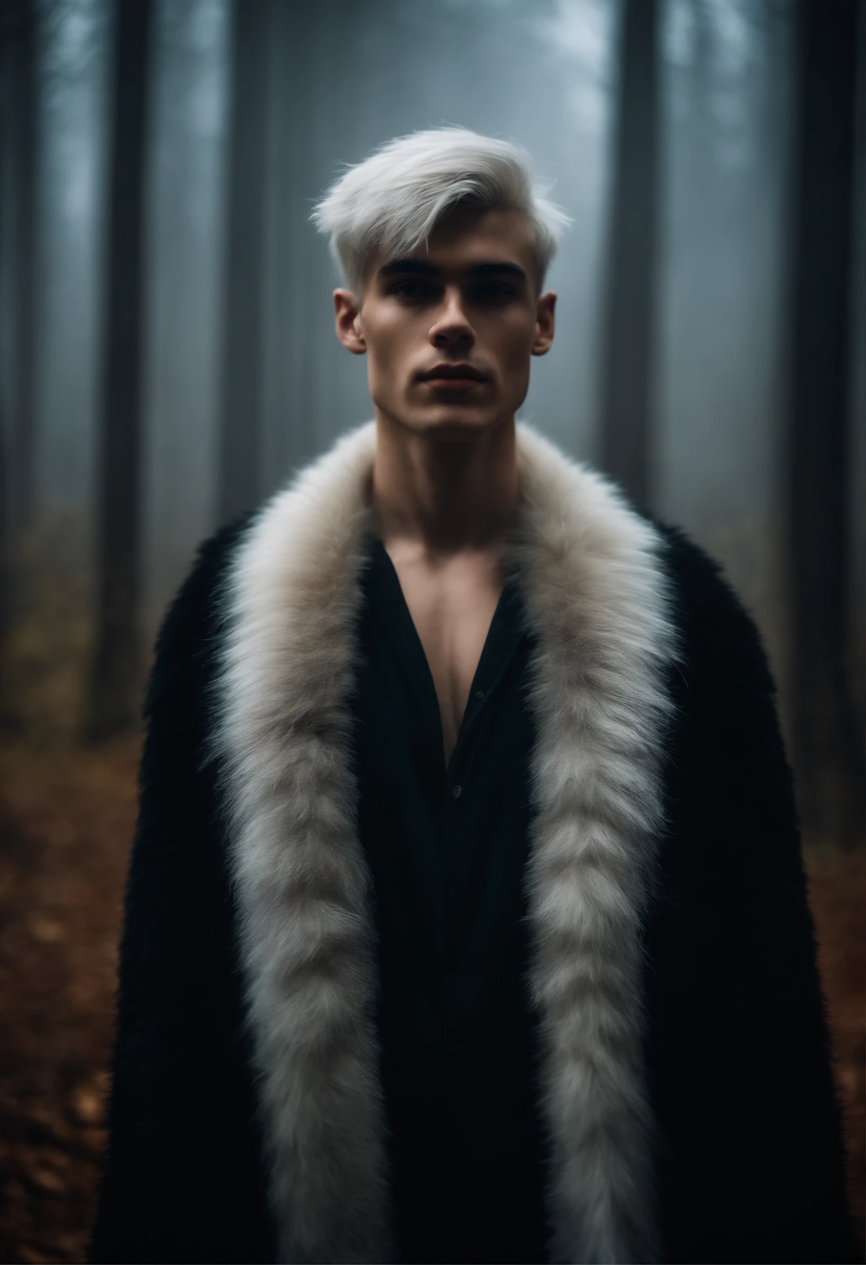 Young man, 20 years old, white hair, two block haircut , shirtless wearing a black fur coat, standing in the forest at night, portrait, magical light, surrounded by fog