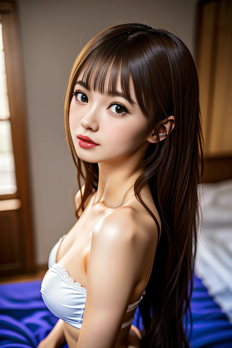 (((Drawing only one woman: 2))), Beautiful high school girl in bra and panties, on the bed in the bedroom, ((Beautiful 16-year-old woman on all fours: 1.5)), ((Shot from the side: 1.8)), (( 1 screen)), 8K, RAW shot, top quality photo, masterpiece, nice realistic photo, ((anatomically correct proportions : 1.5)), ((perfect proportions)), Cute high school girl like a Japanese idol, detailed face, detailed eyes, narrow nose, detailed fingers, detailed arms, detailed skin, detailed legs, (((Short torso:1.1 ))), (( slim style)), (slender waist), ((slender thighs: 1.2))), (big breasts: 1.5), small beautiful butt, (shiny long hair)
